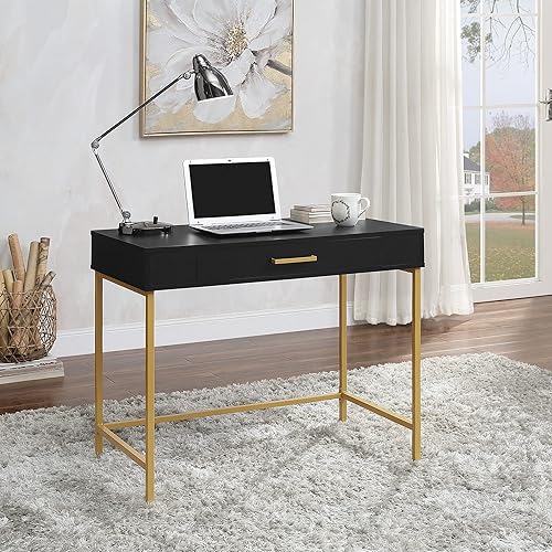 Miniatura 9 de OSP Home Furnishings Modern Life - Escritorio contemporáneo con cajón grande y patas de metal dorado, acabado negro Acabado negro,Acabado blanco