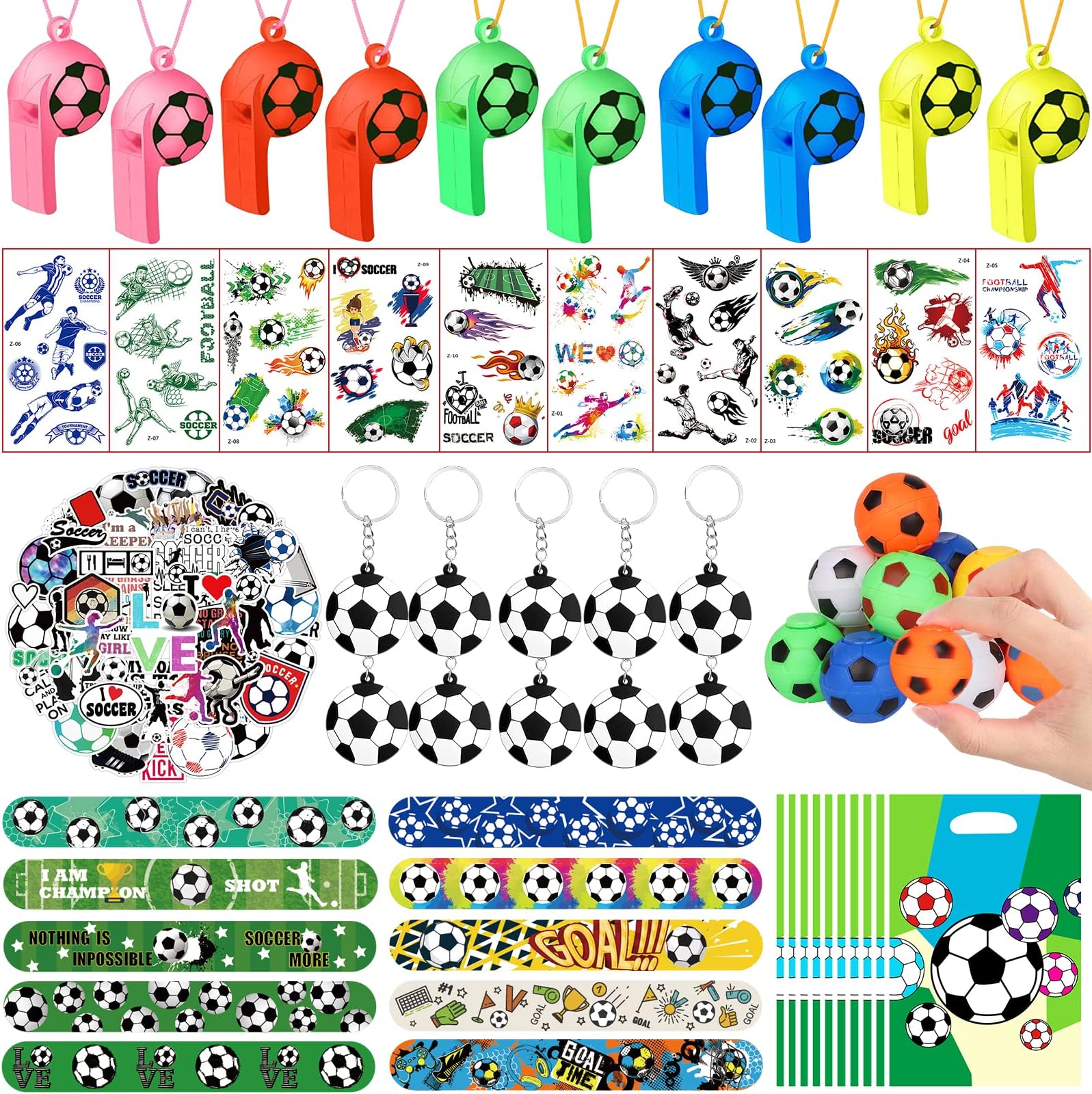 JOLCEEY 112pcs Football Party Bags Fillers, Football Party Favors Set Football Key Chains, Wristbands, Whistles, Stickers for Birthday Gift