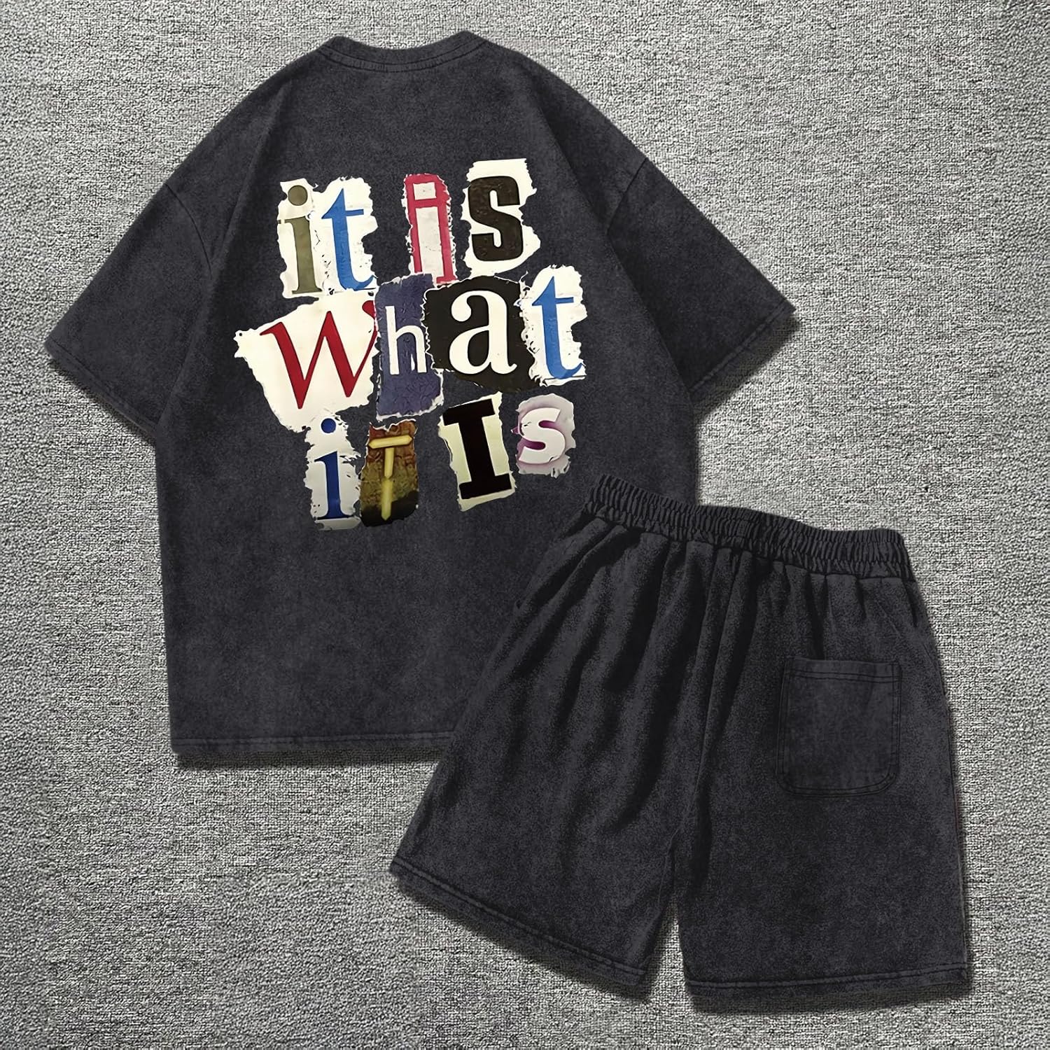 Men's 2 Piece Short Sets Vintage Graphic Letter Print Washed Short Sleeve T Shirts and Drawstring Shorts Set - Image 6