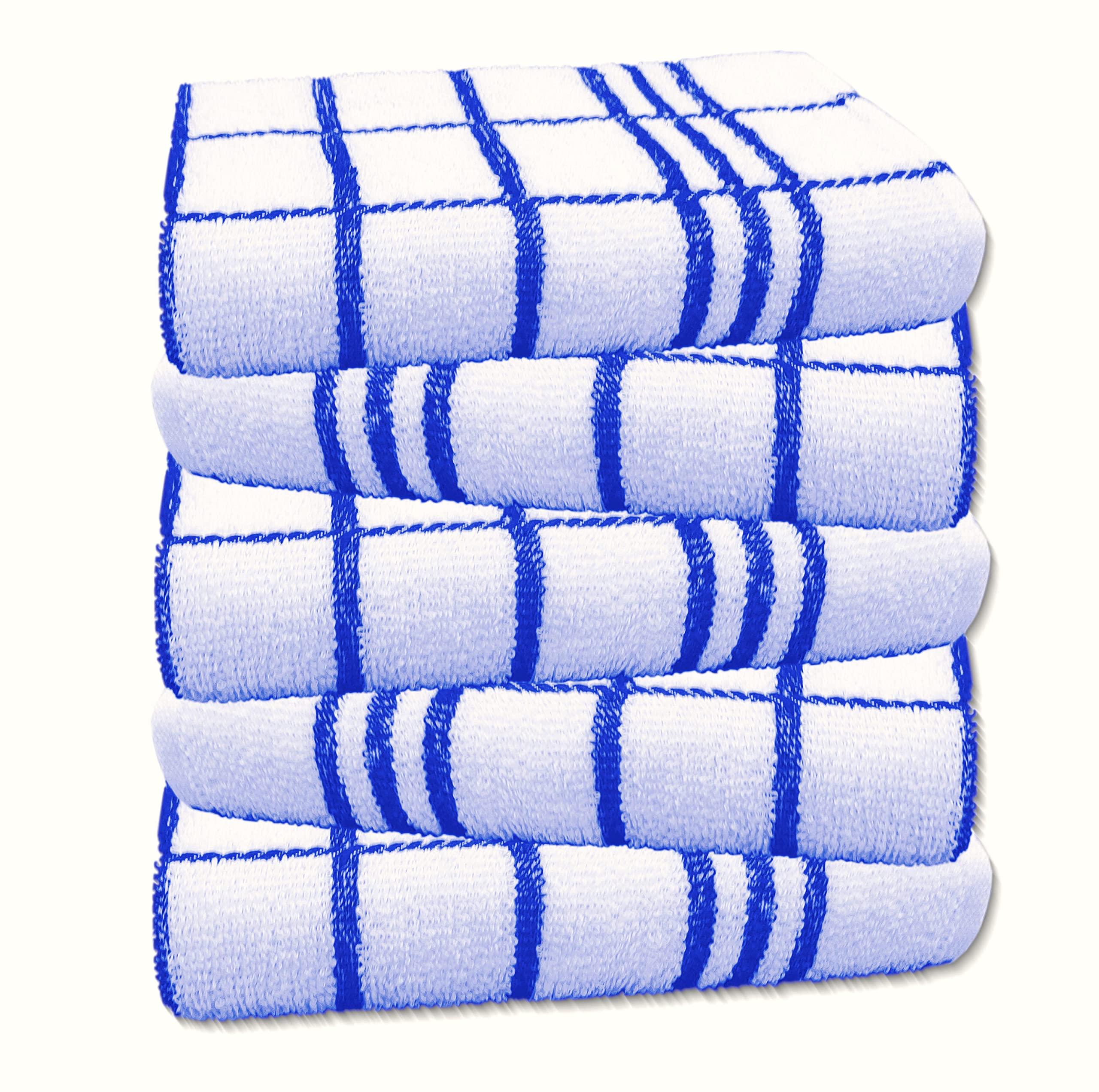 Lot De 5 Torchons De Cuisine 45x65 Cm En Coton Absorbant - Design Carreaux Bleu Et Blanc - Lavables Et Réutilisables