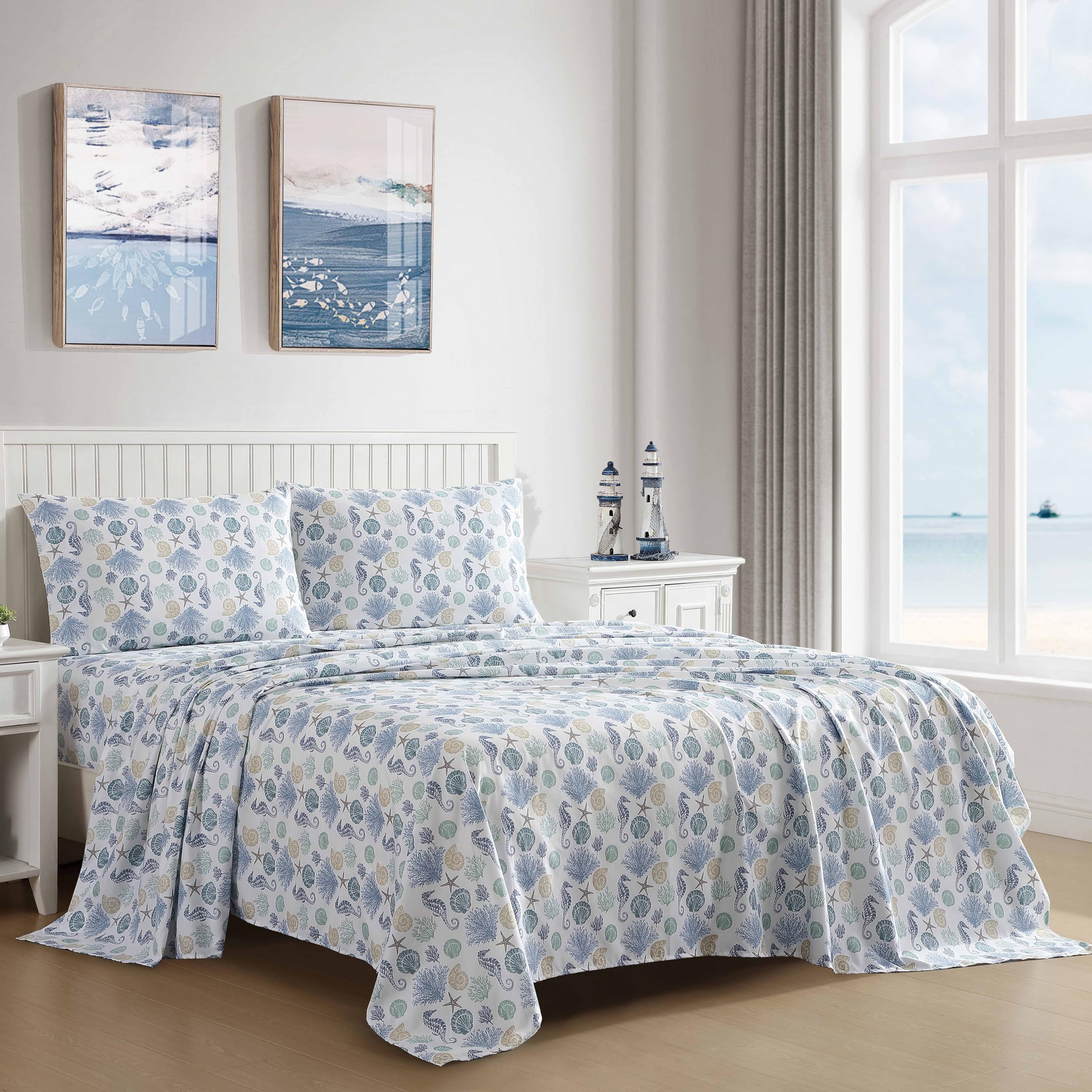 Beatrice Home Fashions Coastal Print Microfiber Sheet Set, Soft, Comfy, 12" Deep Pockets, King, Briella - Image 3