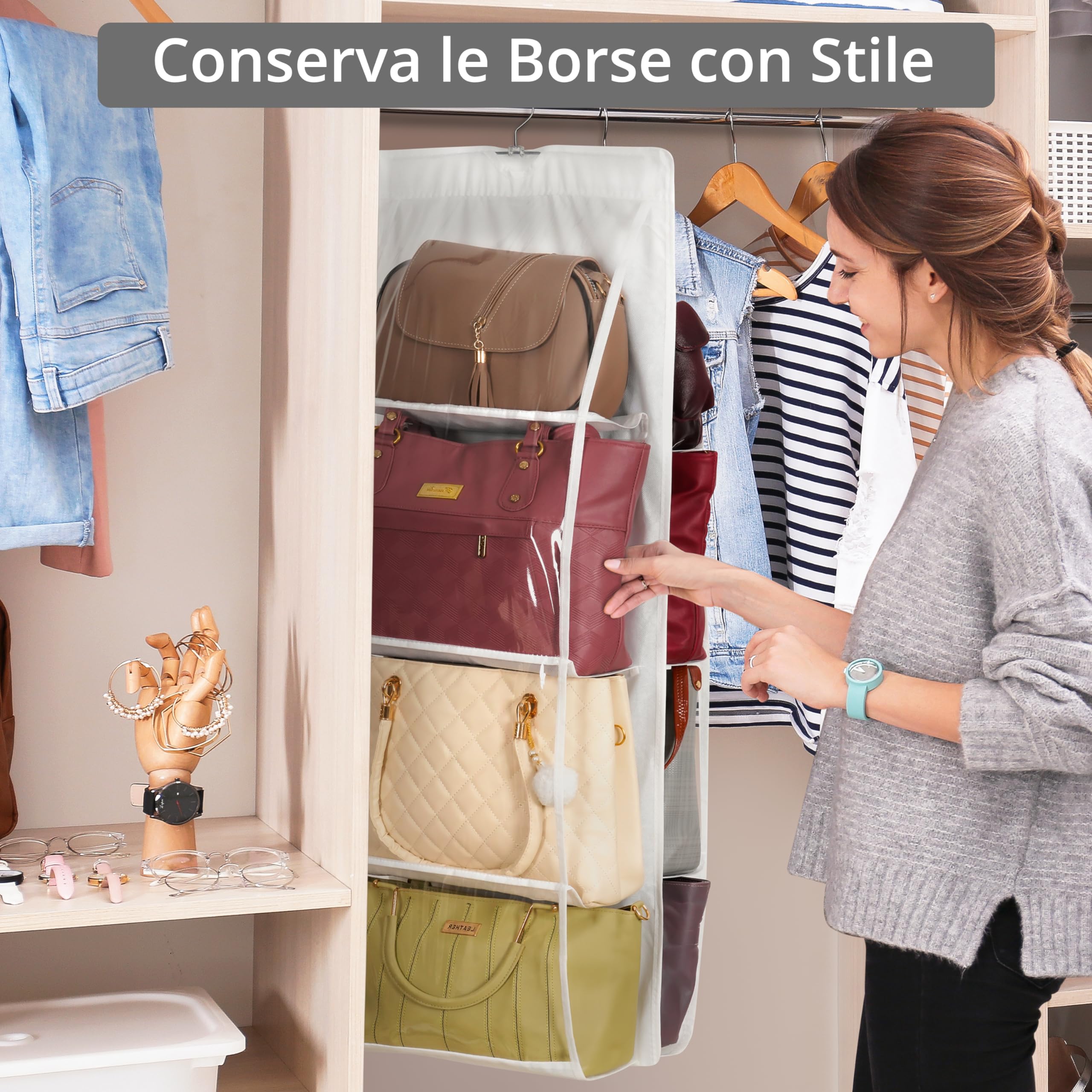 Borsa Portaoggetti Appendiabiti 2 Strati | Organizer Salvaspazio Per Armadio Con Tasche | Pieghevole E Robusta - 4