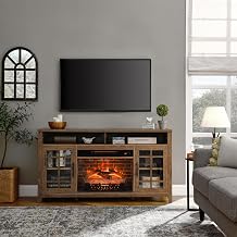 55" TV Stand with 23" Electric Fireplace Heater, Modern TV Stand for TVs up to 65", Entertainment Media Stand with Open Shelves and Storage Cabinets for Living Room, Bedroom Brown
