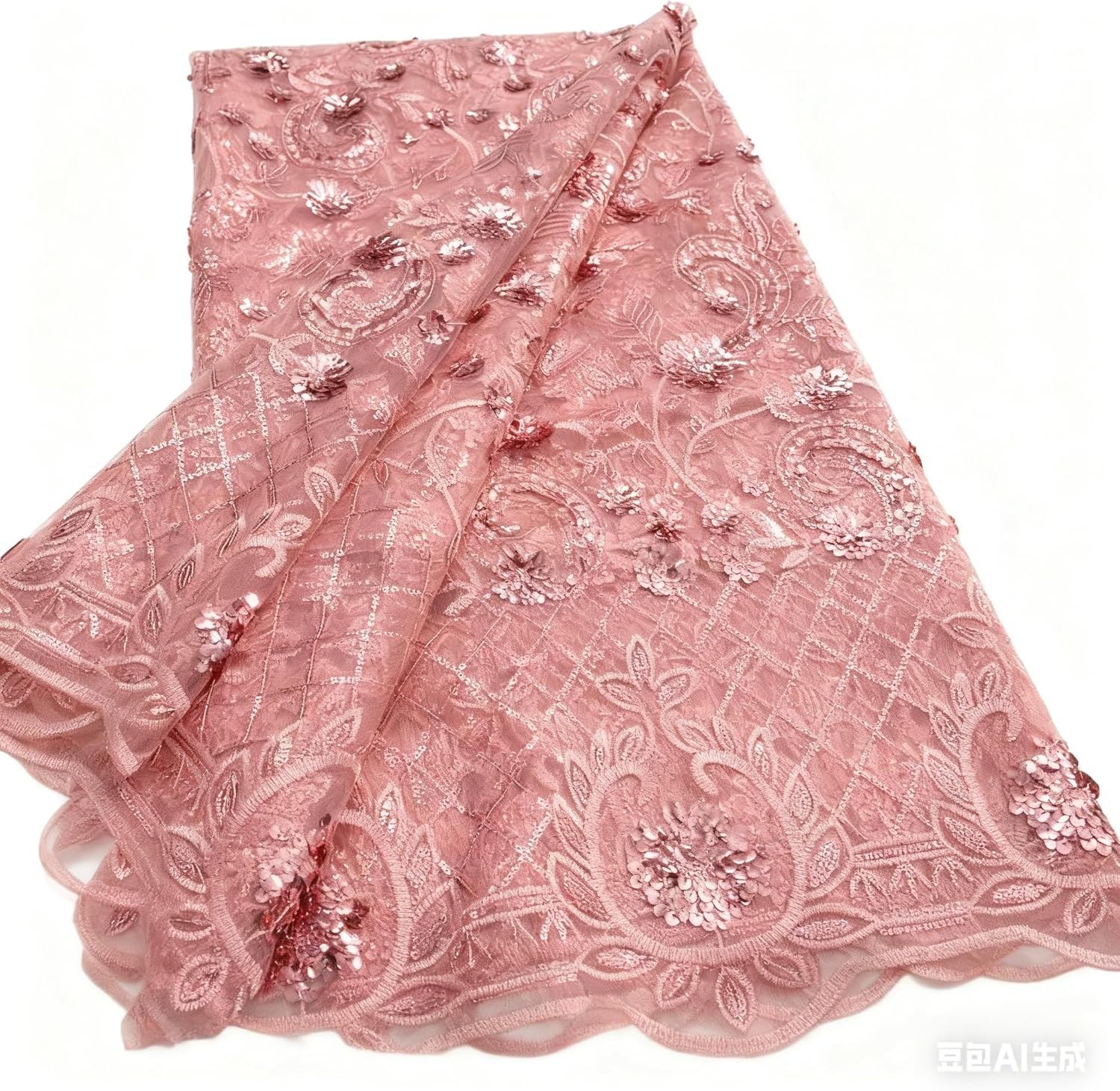 African Lace Fabric with 3D Sequins & Crochet, 5 Yards French Tulle Embroidered Fabric for Wedding Dress, Party Gown, Everyday Sewing Projects (Pink)