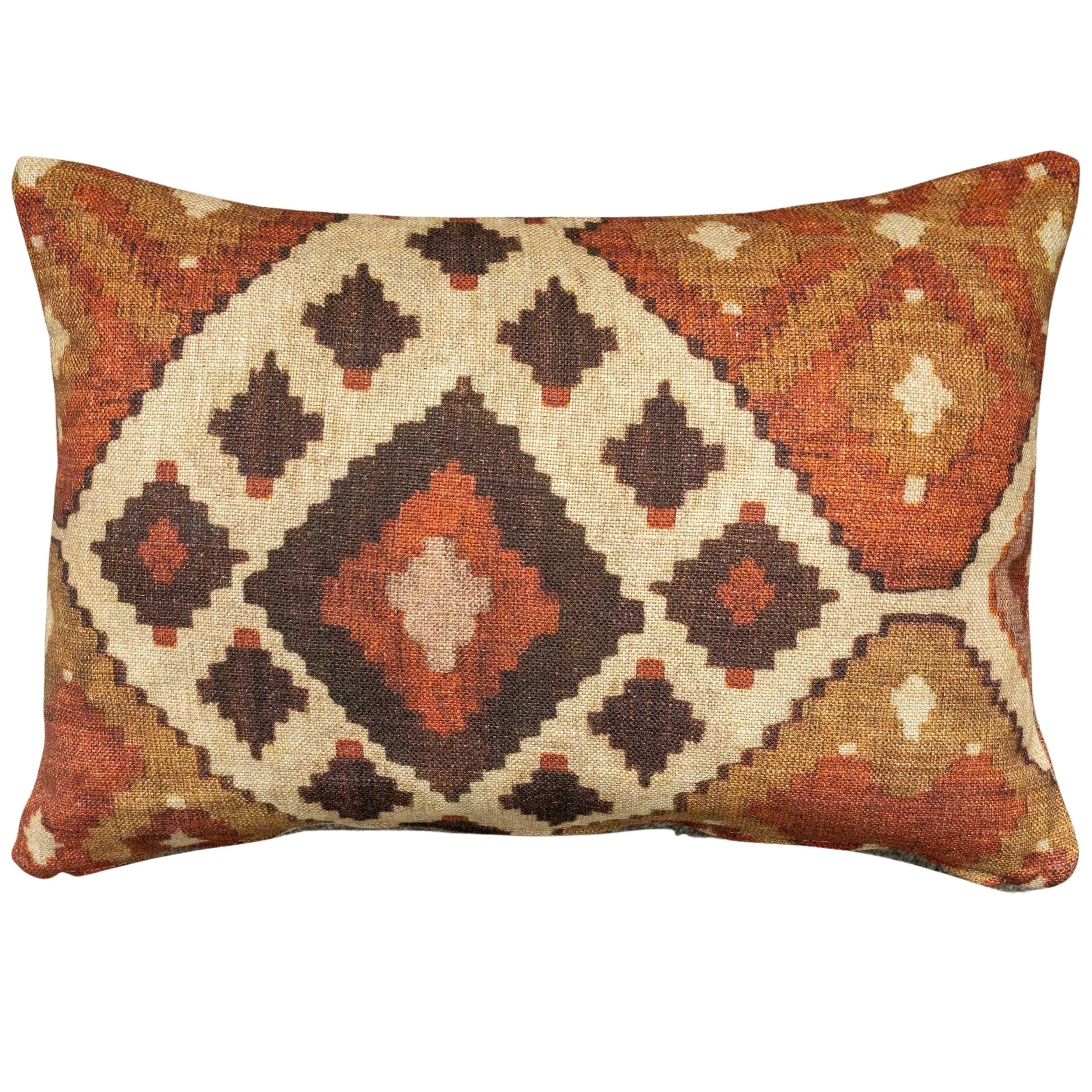 Linen Loft Terracotta Kilim Turkish Style Printed Boudoir Cushion Cover. Soft All-Natural Linen-Blend Cloth In And Burnt Orange. 17X12" Rectangle Cover Only.