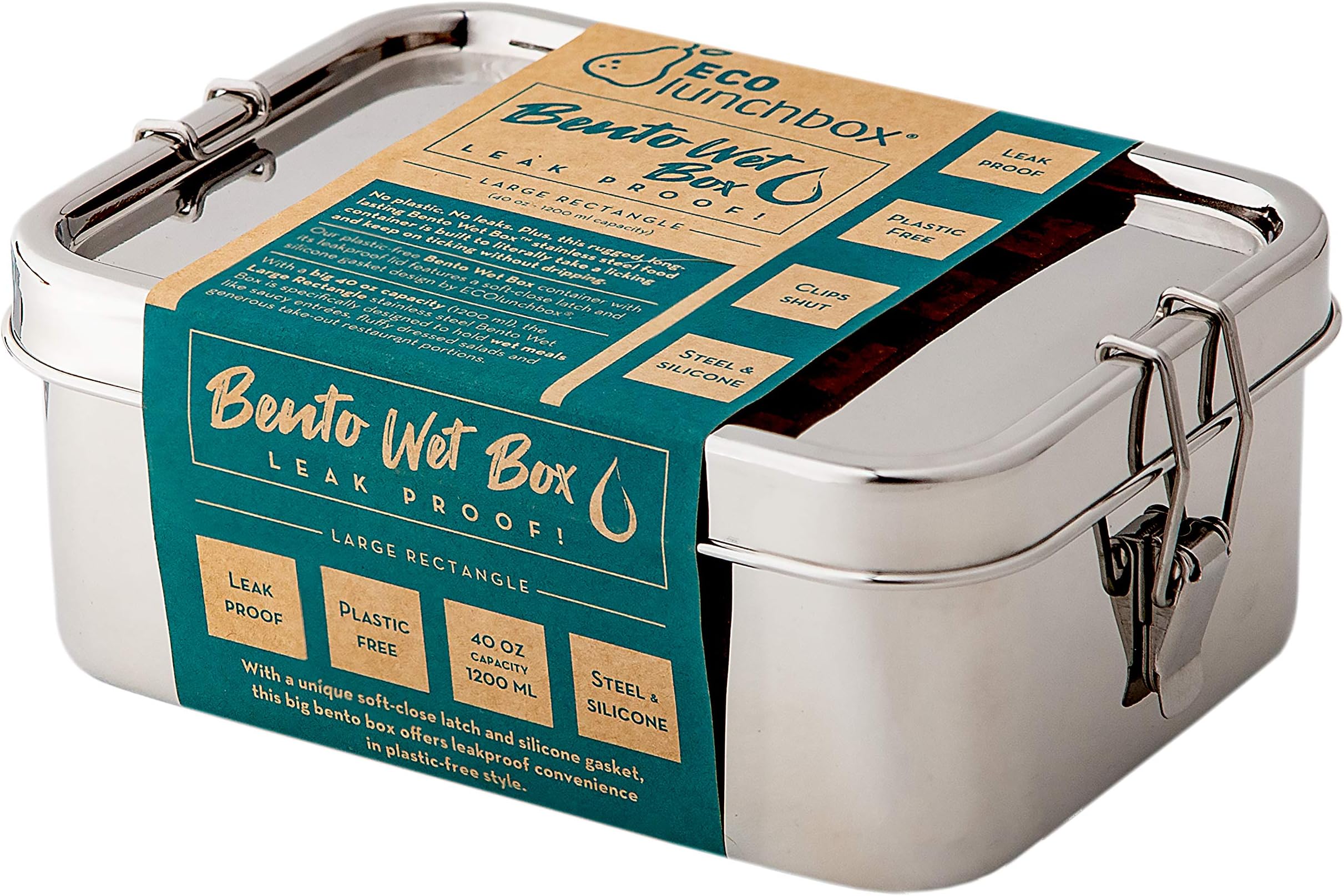 EcolunchboxBento Wet Box (Large Rectangle, 40 oz) – Leak‑Proof Stainless Steel Lunch Container with Soft‑Close Clips & Removable Silicone Gasket – Plastic‑Free, Dishwasher & Oven Safe