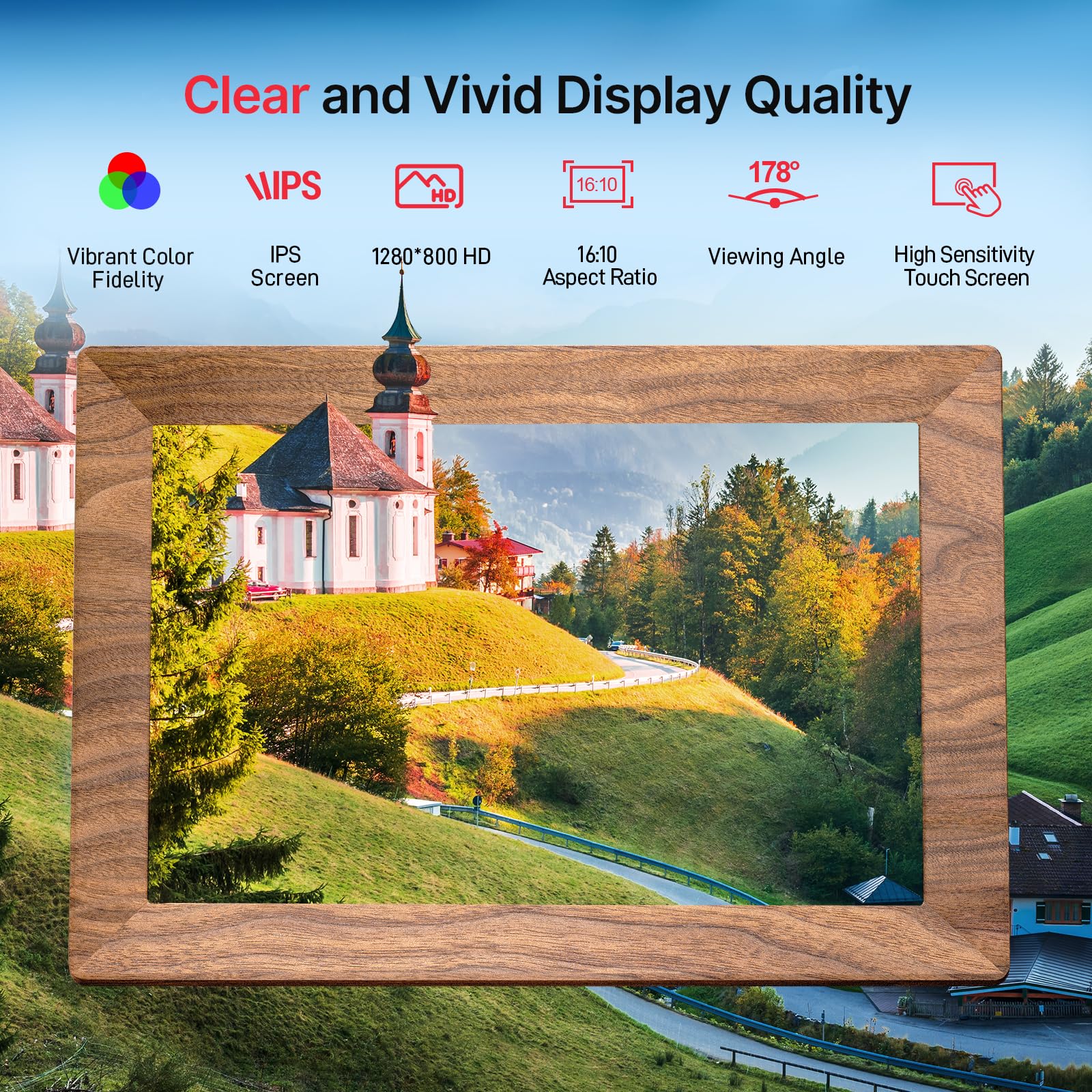 Frameo Cadre photo numérique en bois marron 10,1" Smart Wi-Fi avec écran tactile HD IPS 1280 x 800, mémoire de 32 Go, rotation automatique, montage mural