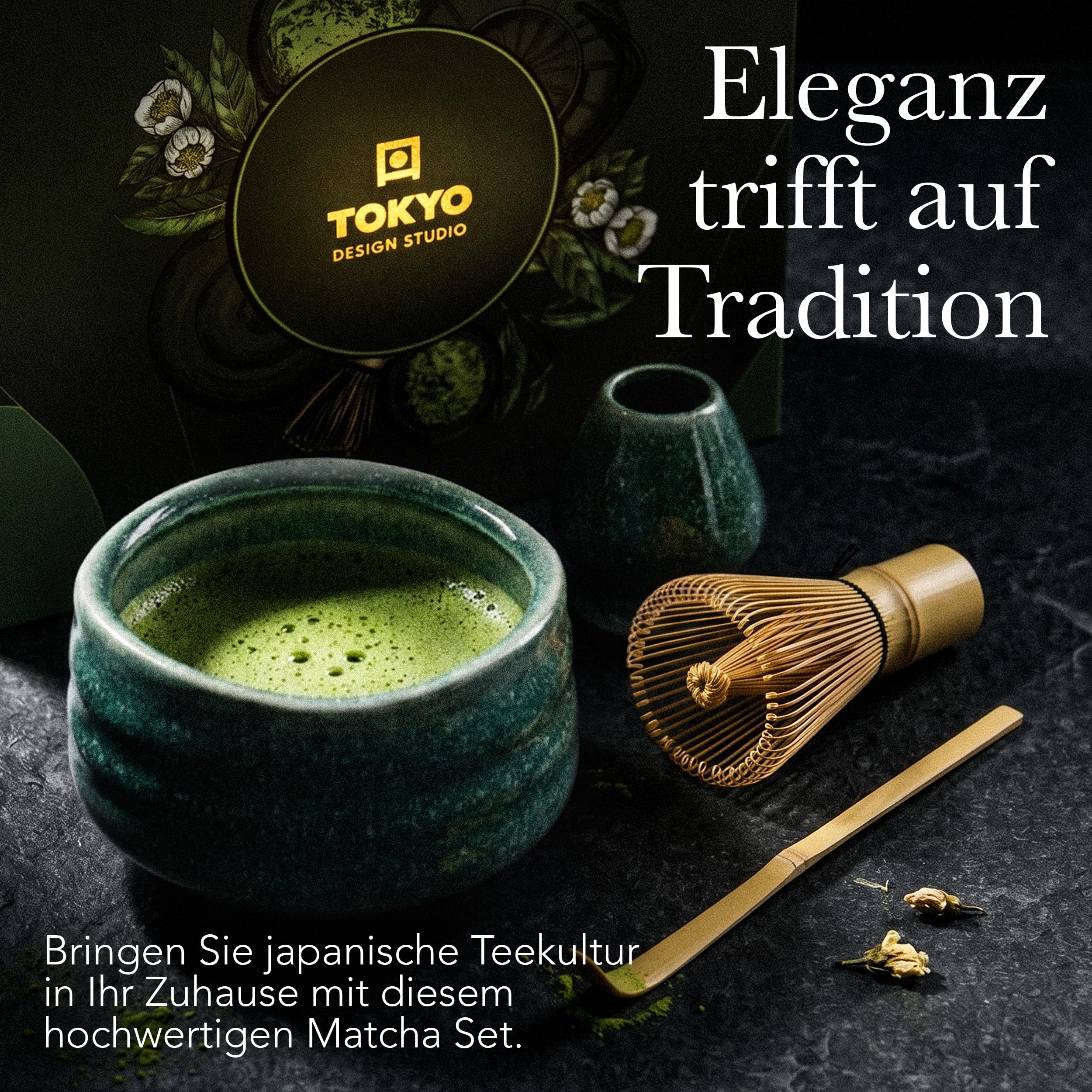 TOKYO design studio – 4-teiliges Matcha Set in hochwertiger Geschenkverpackung - mit Matchaschale, Bambusbesen, Bambuslöffel & Teebesenhalter - Traditionelle Teezeremonie – Edle Keramik in Türkisgrün