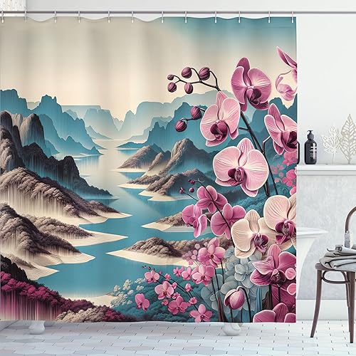 Miniatura 8 de Ambesonne Scenic Decor Collection, Mountain Lake View Sunny Day Nature Picture Art Paintings Effect Print, juego de cortina de ducha de baño de tela