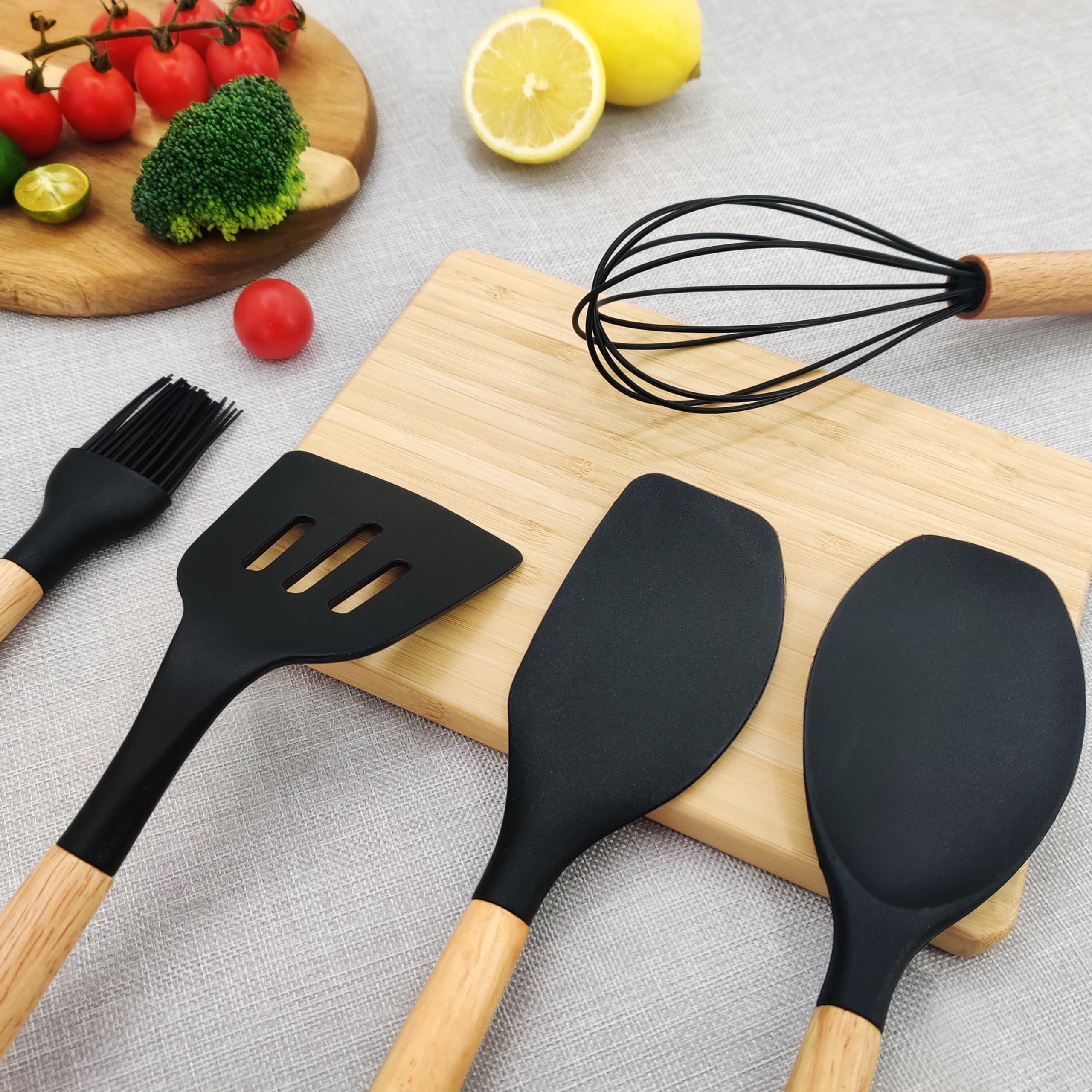 Kitchen Utensils Set 12 Pieces Nonstick Silicone Cooking Utensils Wood Handle Silicone Cooking Utensils Set with Holder Dishwasher Safe BPA Free (Black) 2