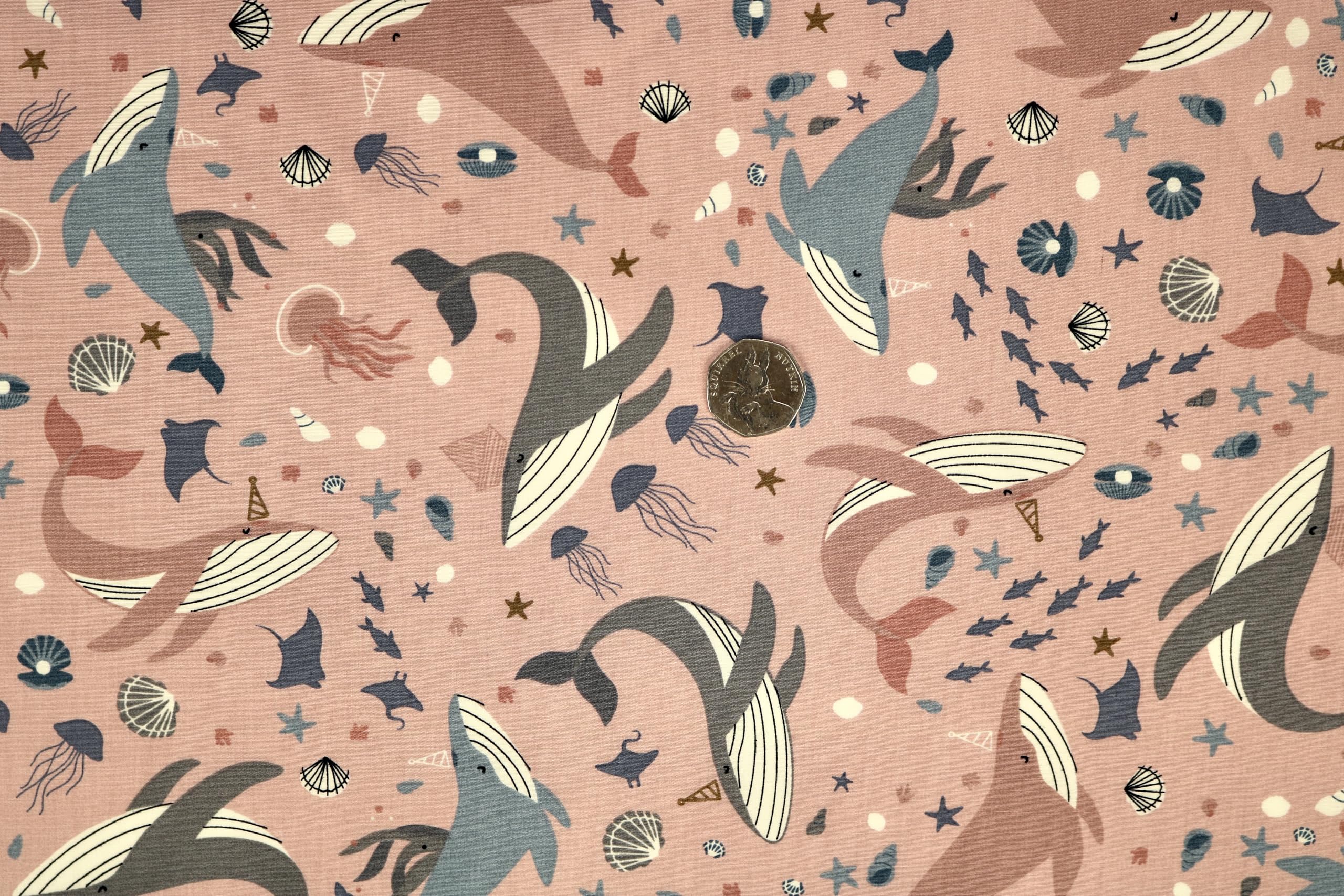 Pyrhan Cotton Fabric by Rose & Hubble | Shark & Whales in Ocean Print | 45 Inches (114 cm) | Crafting & Dressmaking Material | Pale Pink