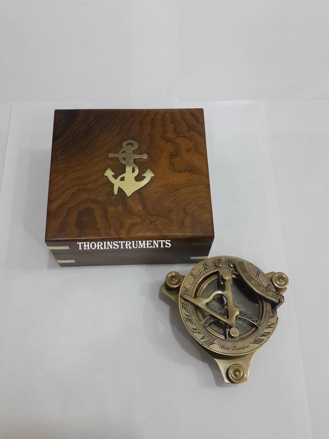 Solid Brass 3" Sundial Compass - W/Inlaid Hardwood Box Rustic Vintage Home Decor Gifts