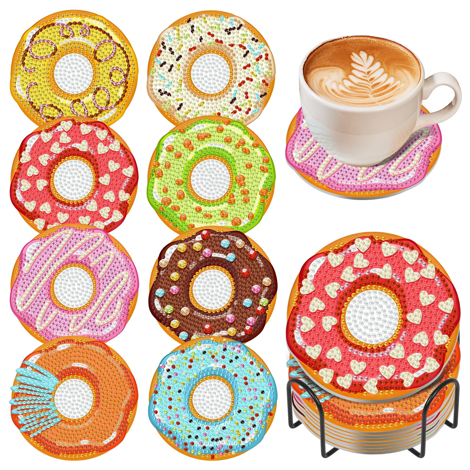Okarinaart Hmbduk-26302 8 Pcs Donut Diamond Art Coasters Set With Holder, 5D Diy Doughnut Diamond Painting Coasters Kits For Adults, Non Slip Coaster Gem Art Crafts Supplies