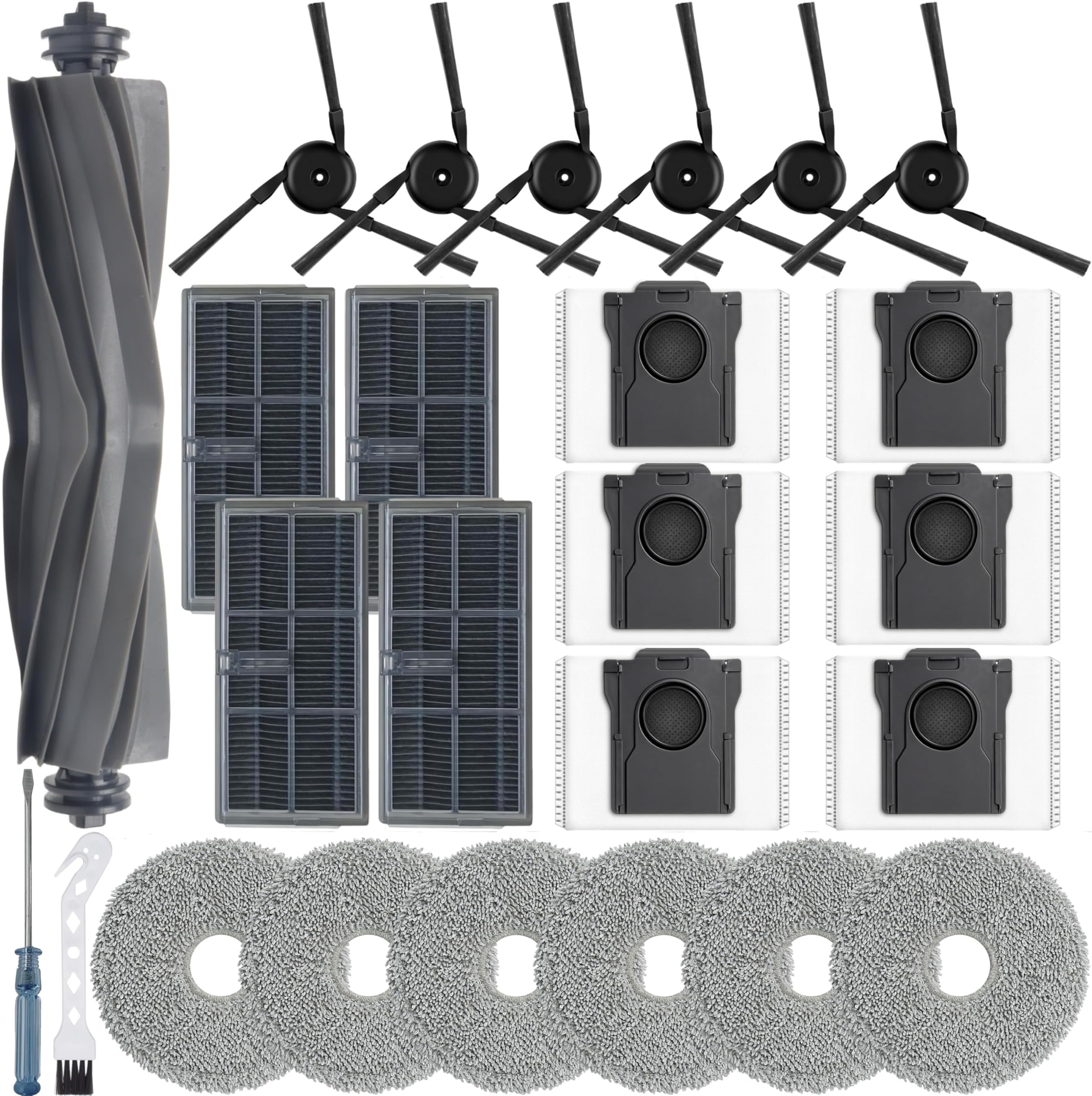 25 Pack X40 Ultra Accessories Kit for Dreame X40 Ultra/L40 Ultra Gen 2/MOVA P10/P50 Pro Ultra Replacement Parts,1 Main Brush 6 Mop Pads 4 Hepa Filters 6 Side Brush 6 Vacuum Bags