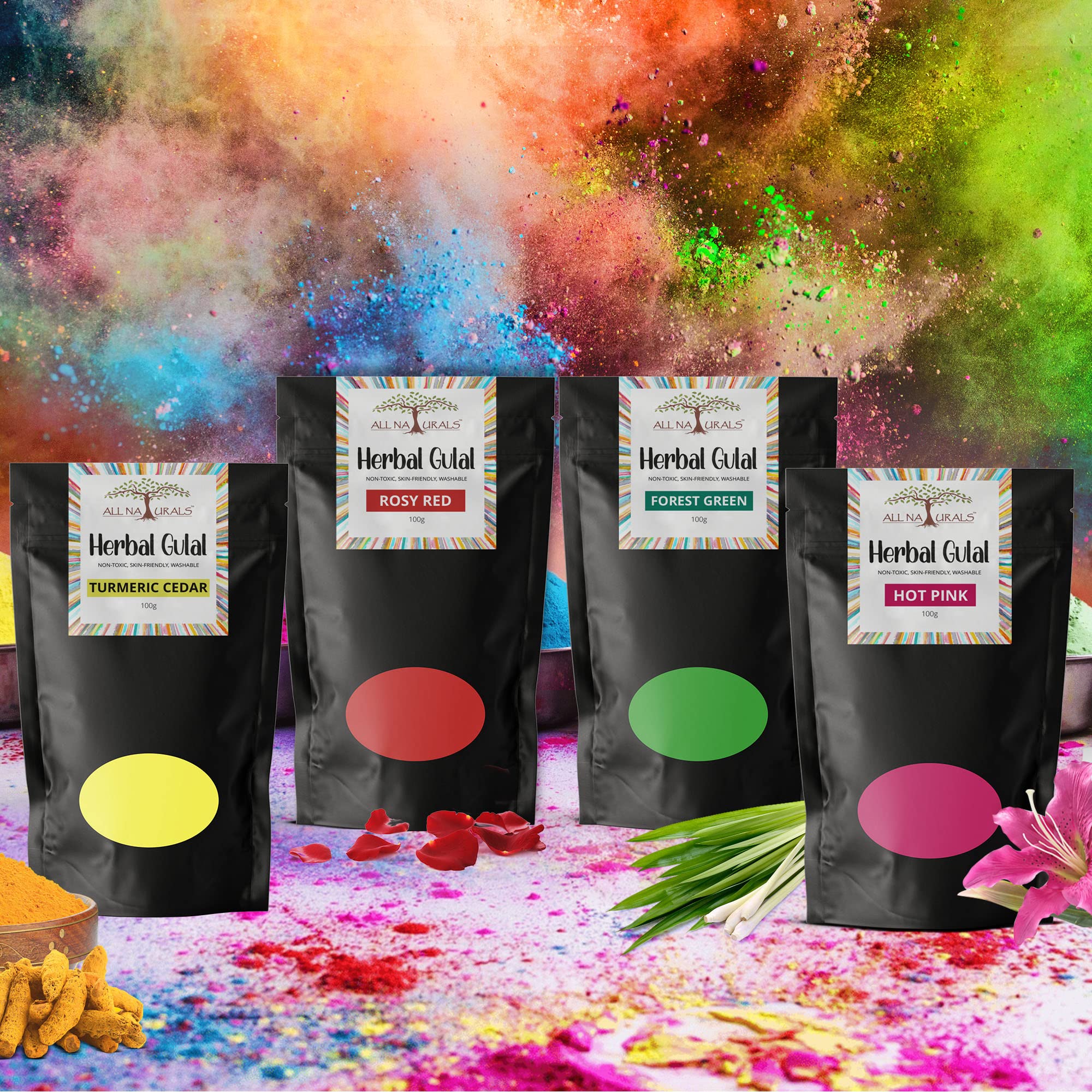 All Naturals 100% Pure & Natural Herbal Holi Gulal Set Of 3 (100G Each) - Non-Toxic & Kids-Safe (3-Pack)