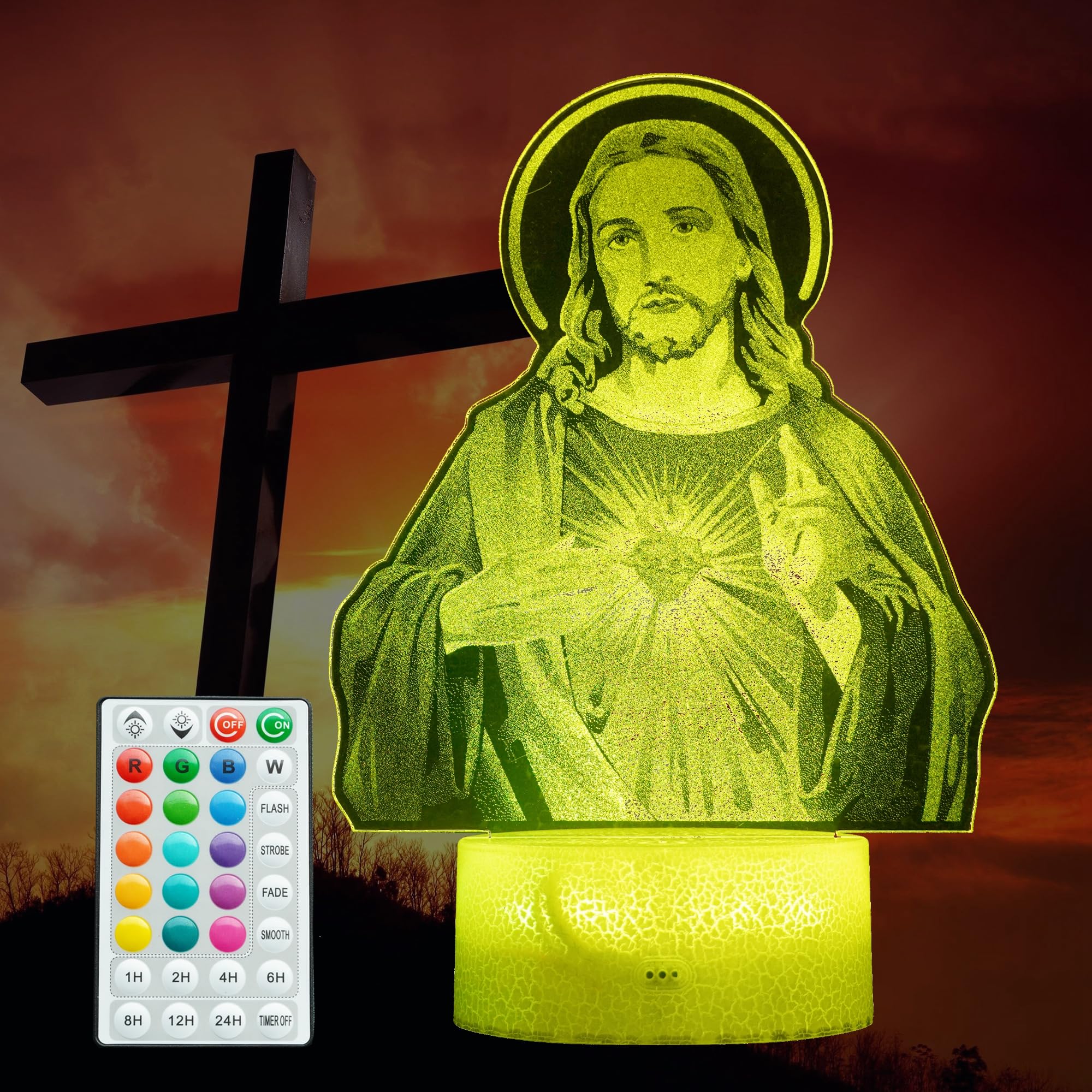 Posshe Jesus Night Light, Gifts, Christian Lamp, 3D Illusion Night Light, 16 Colors Changing, Remote Control With Dimmer, Religious Christian Birthday Creative Commemorate Gifts Decoration