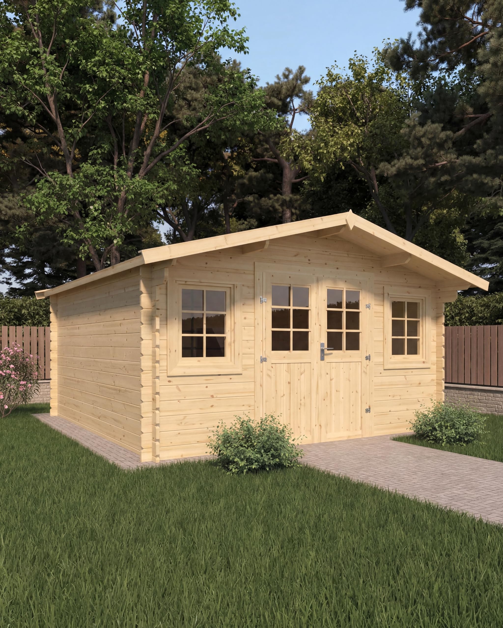 Steiner Shopping Gartenhaus Wiesencharme 01 I 44 mm Blockbohlenhaus aus naturbelassenem Holz I Außenmaß 400 x 440 cm I Großzügiges Gartenhaus mit Satteldach, Doppeltür & 2 Fenstern