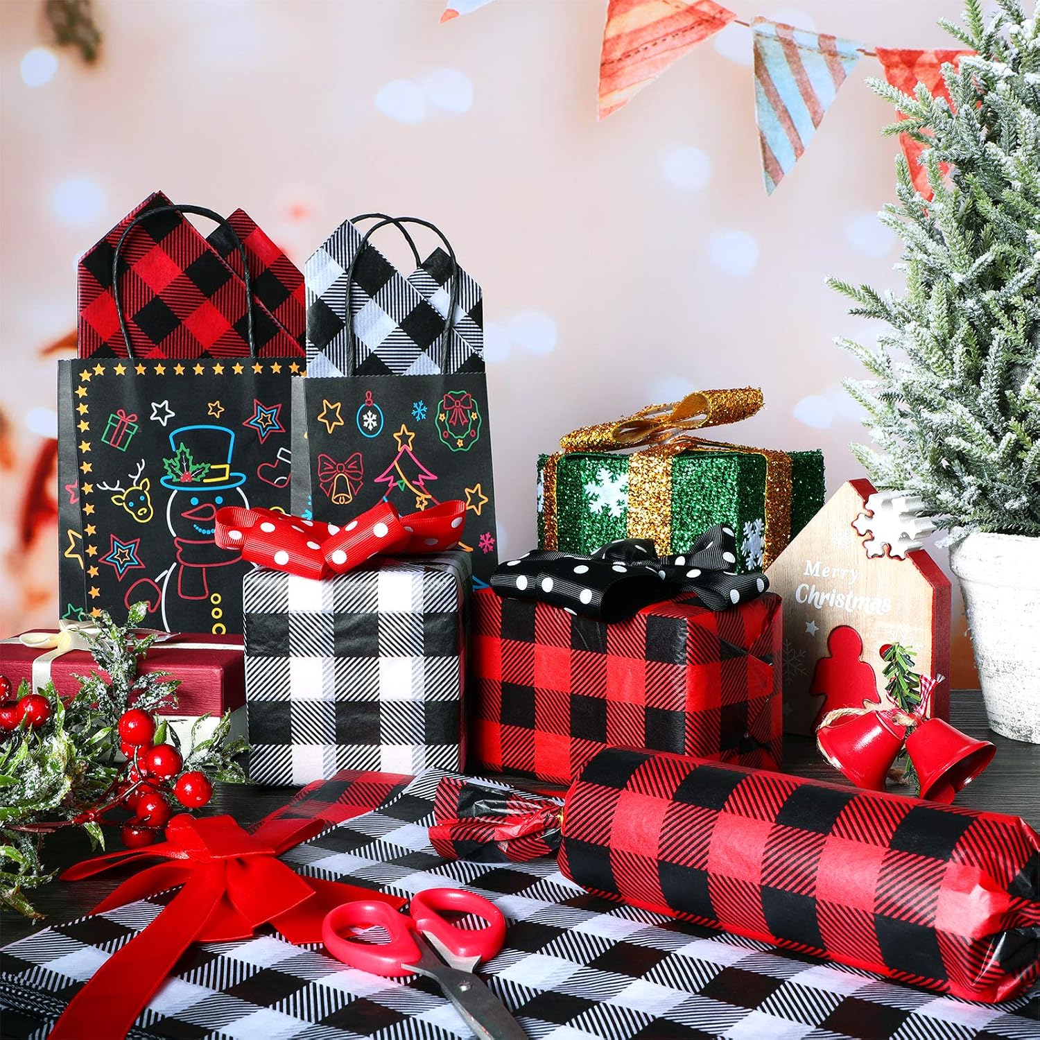Zonon 100 Pieces Christmas Tissue Paper Buffalo Plaid Check Wrapping Paper Red Black Plaid Wrapping Sheet Black White Holiday Tissue for DIY Christmas Holiday