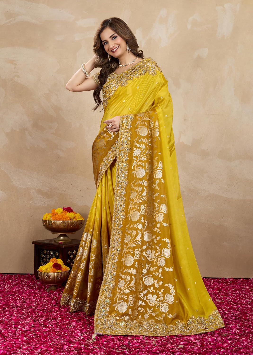 TRENDMALLS Women's Jacquard Silk Embroidery Saree with Unstitched Blouse Piece (K1178-Yellow)