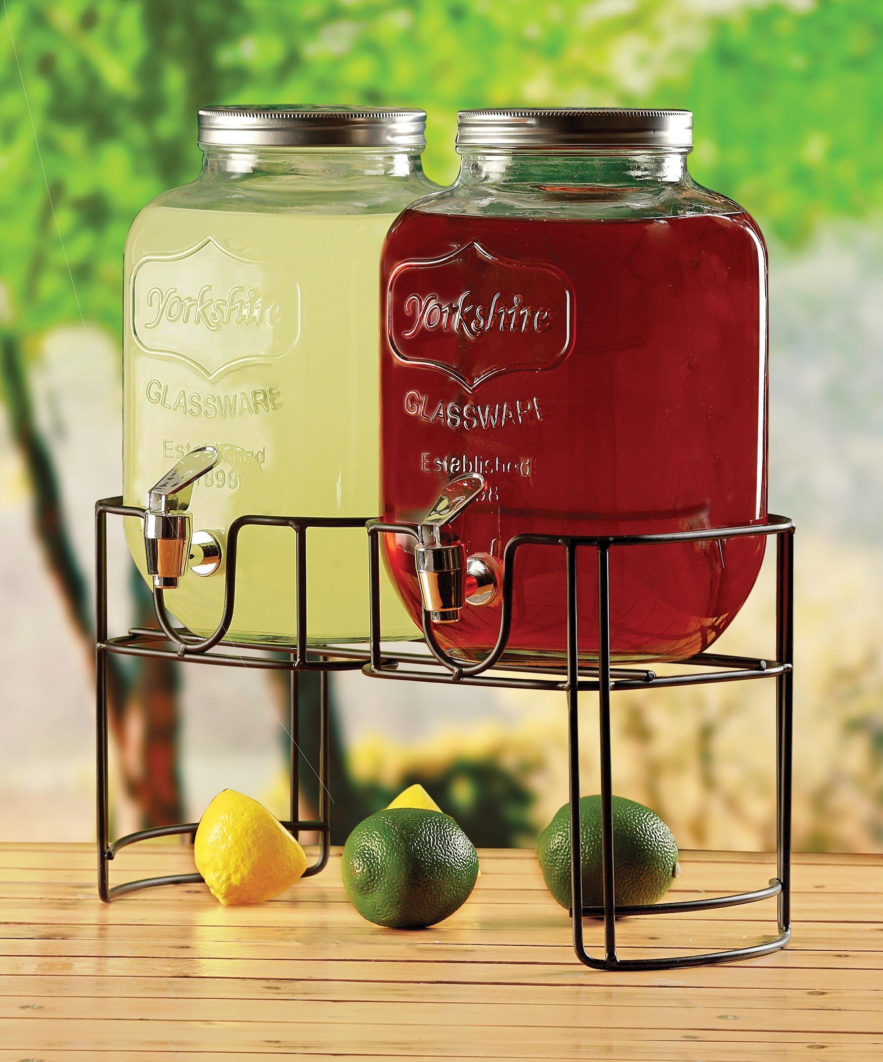Mason Jar Double Glass Beverage Drink Dispensers with Metal Lids & Decorative Metal Stand (1 Gallon Each)