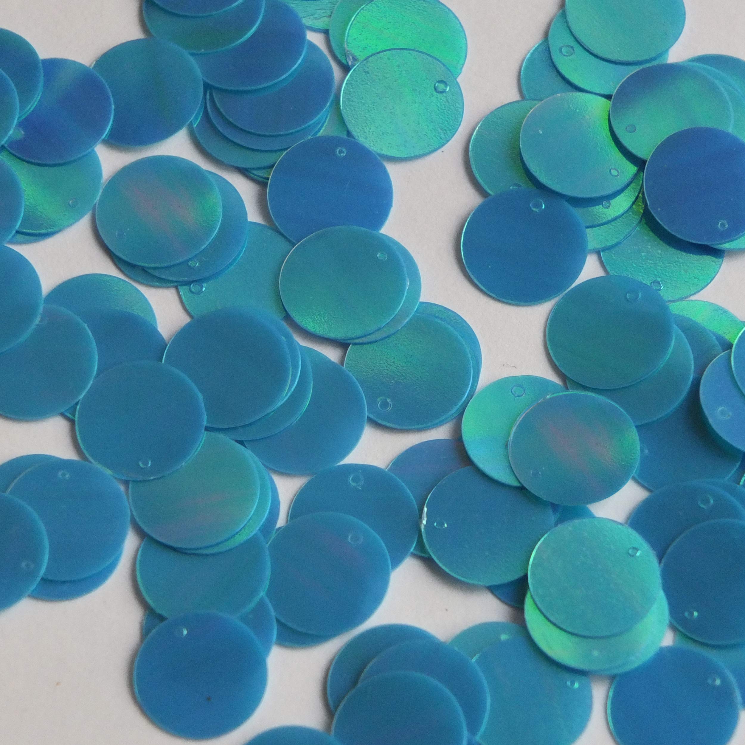Round Flat Sequin 12mm Top Hole Aqua Blue Rainbow Iris Opaque Glossy Back Reversible. Couture Paille