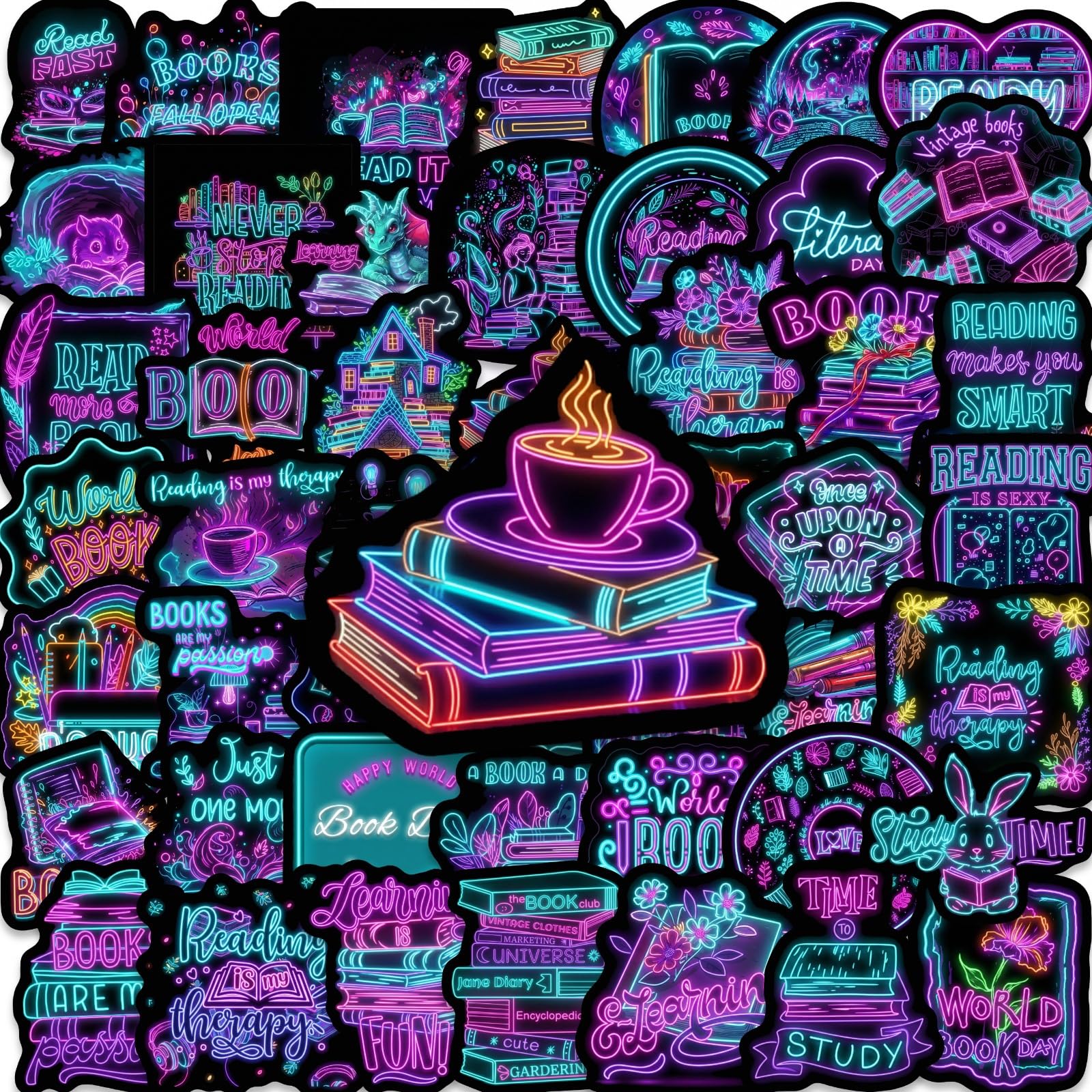 50Pcs Neon Book Stickers Reading Quote Vinyl Decals for Laptops Skateboards Luggage Helmets Bikes and Phones Fans Lovers and Bookish Vibe Enthusiasts