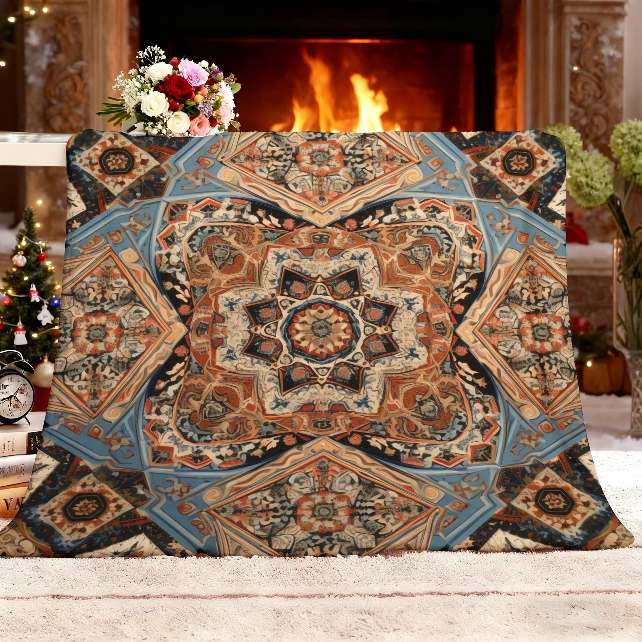 Cozy Plush Manta XXL 180x200cm Flores GeoméTricas Retro Manta de Franela Ropa de Cama cálida Suave de Forro Polar MarróN para Sofá Sala de Estar Oficina Coche Exterior Mantas