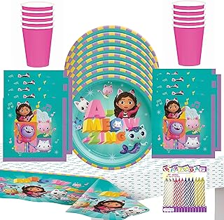 Gabby's Doll House 7" Dessert Plates Beverage Napkins Cups Table Cover Serves 16 - Durable, Leak Proof, Cut Resistant Party Supplies for Toddlers, Girls, Kids, Children - Gabby Dollhouse Party Decorations