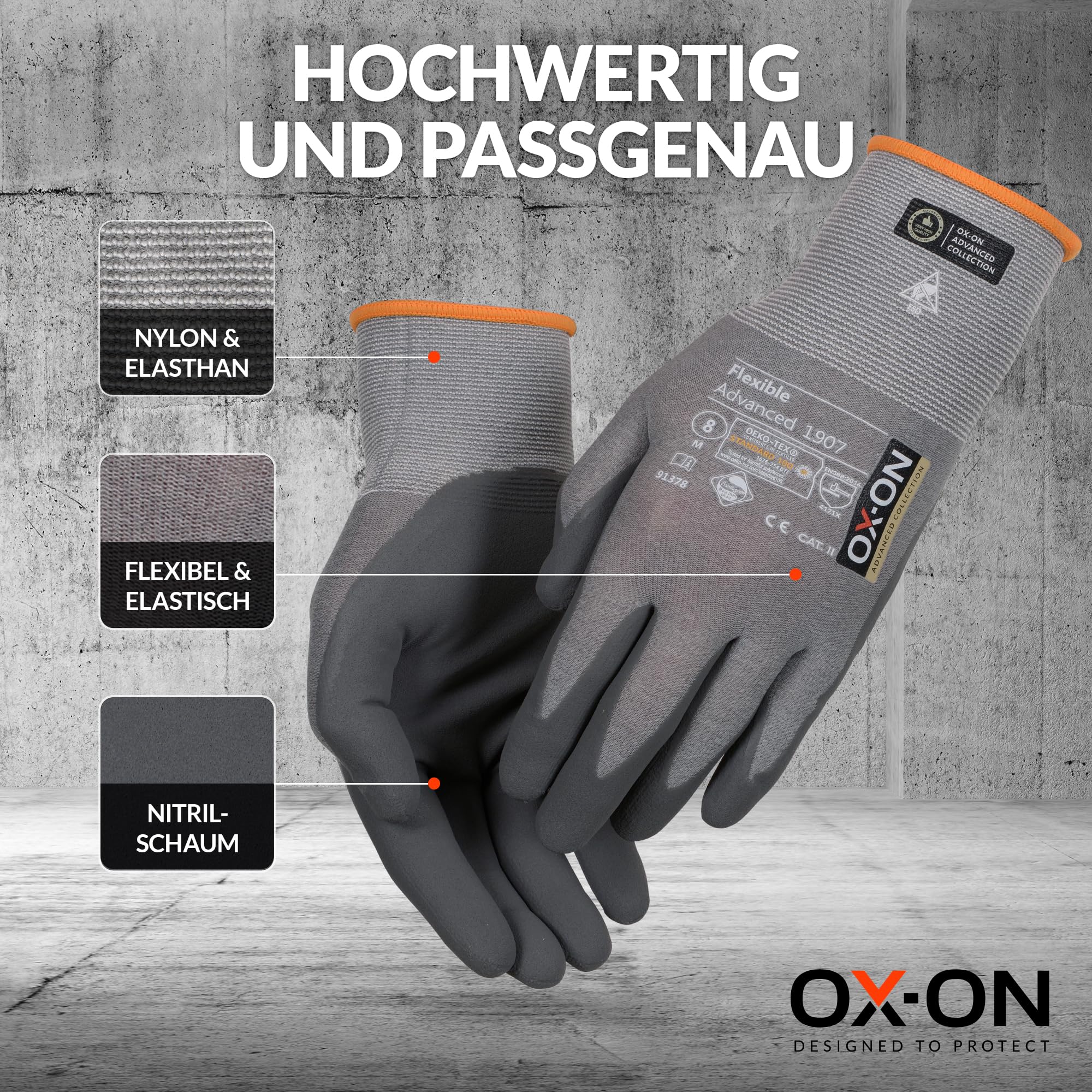 OX-ON FLEXIBLE ADVANCED 1907 Arbeitshandschuhe in Grau I 12 Paar Montagehandschuhe mit ESD-Zertifizierung & Nitrilschaumbeschichtung I Flexibel & mit Touch-Funktion I EN Zertifizierung I Gr. 11