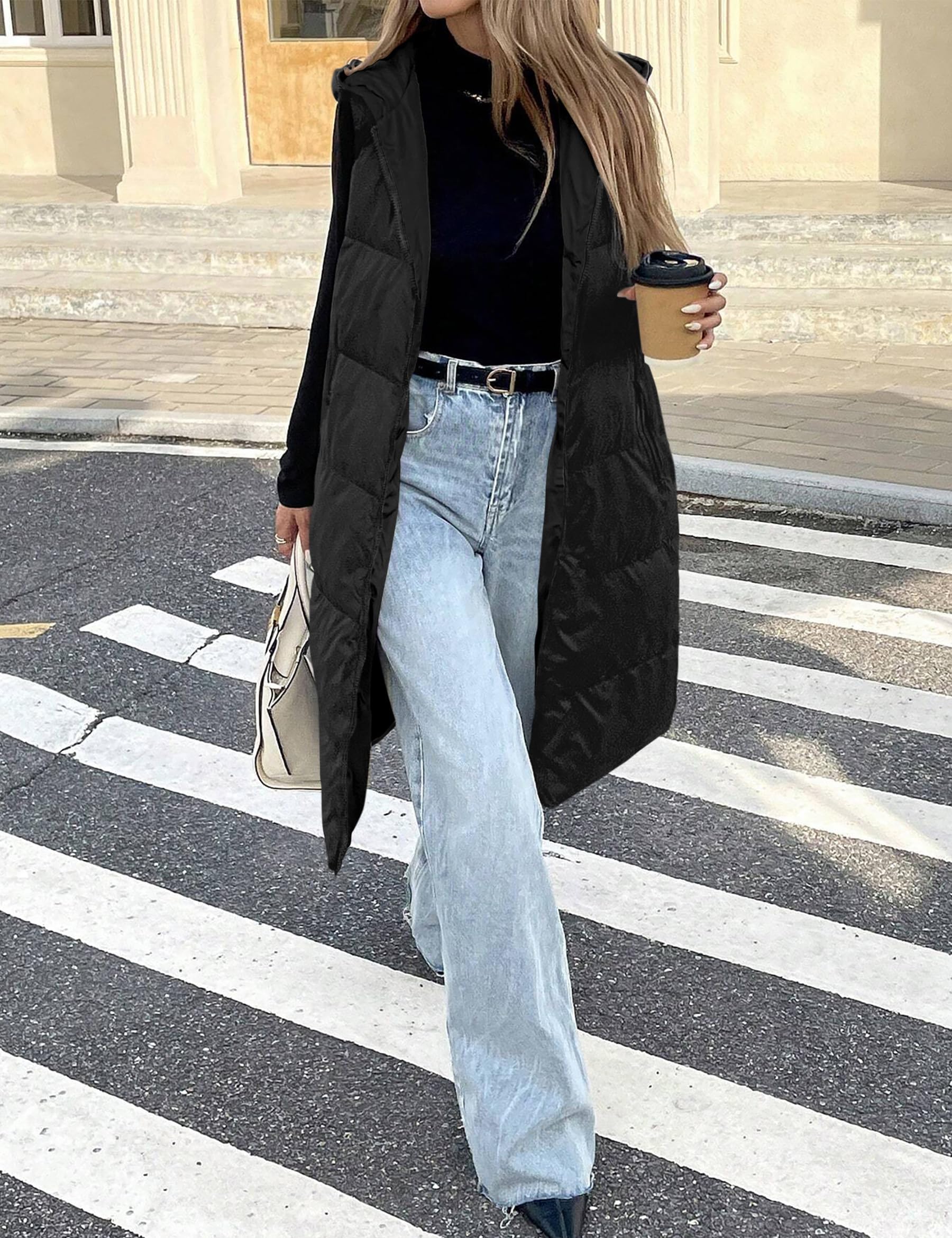 Fengbay Chaleco Largo Acolchado para Mujer, Chaleco Sin Mangas con Capucha Ajustable, Relleno de Plumón Ligero, Abrigo Invierno con Bolsillos, Cálido y Elegante para Calle, Viaje y Exterior