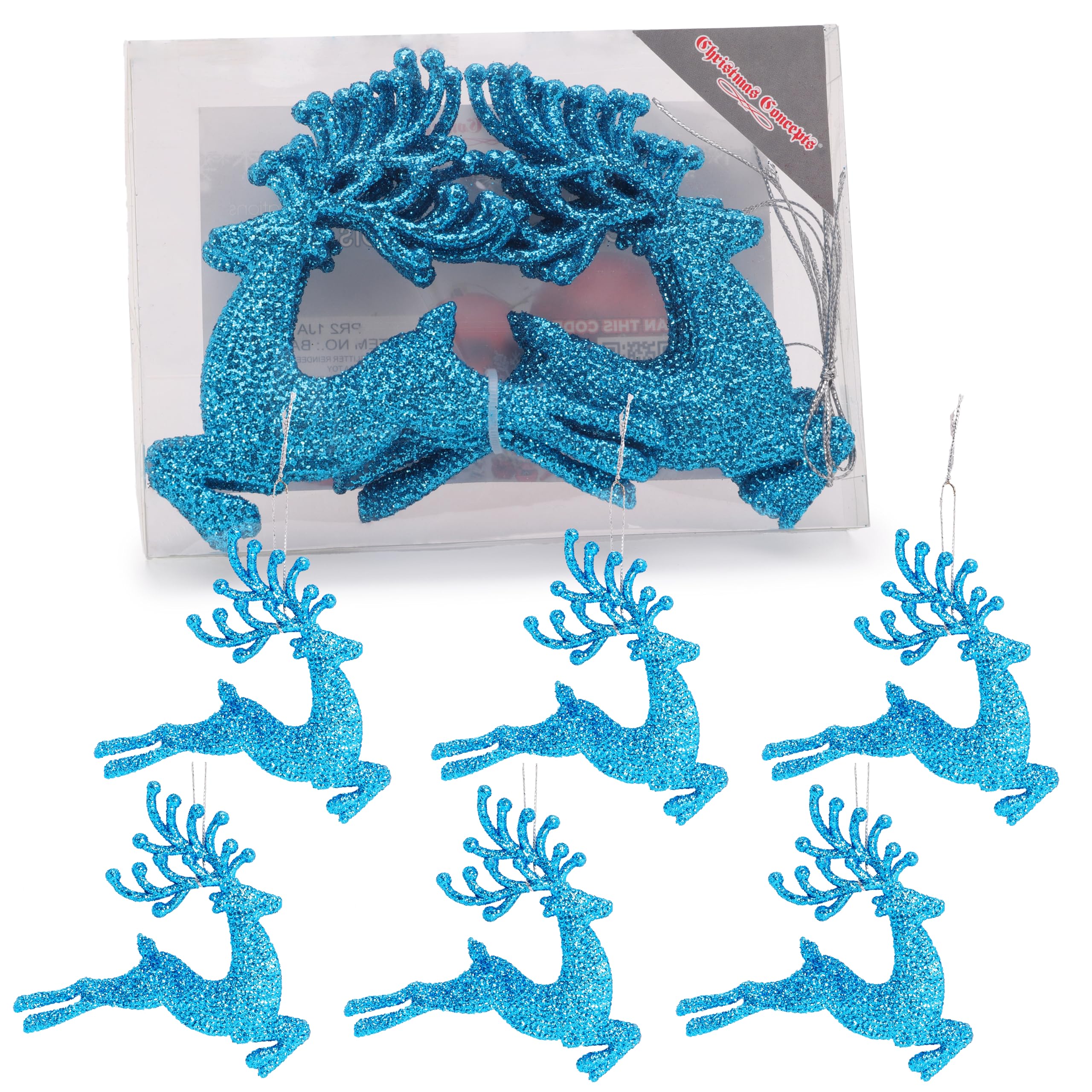 Christmas Concepts®- 100mm (4") Pack Of 6 Glittery Reindeer Baubles - Christmas Tree Decorations (Turquoise)