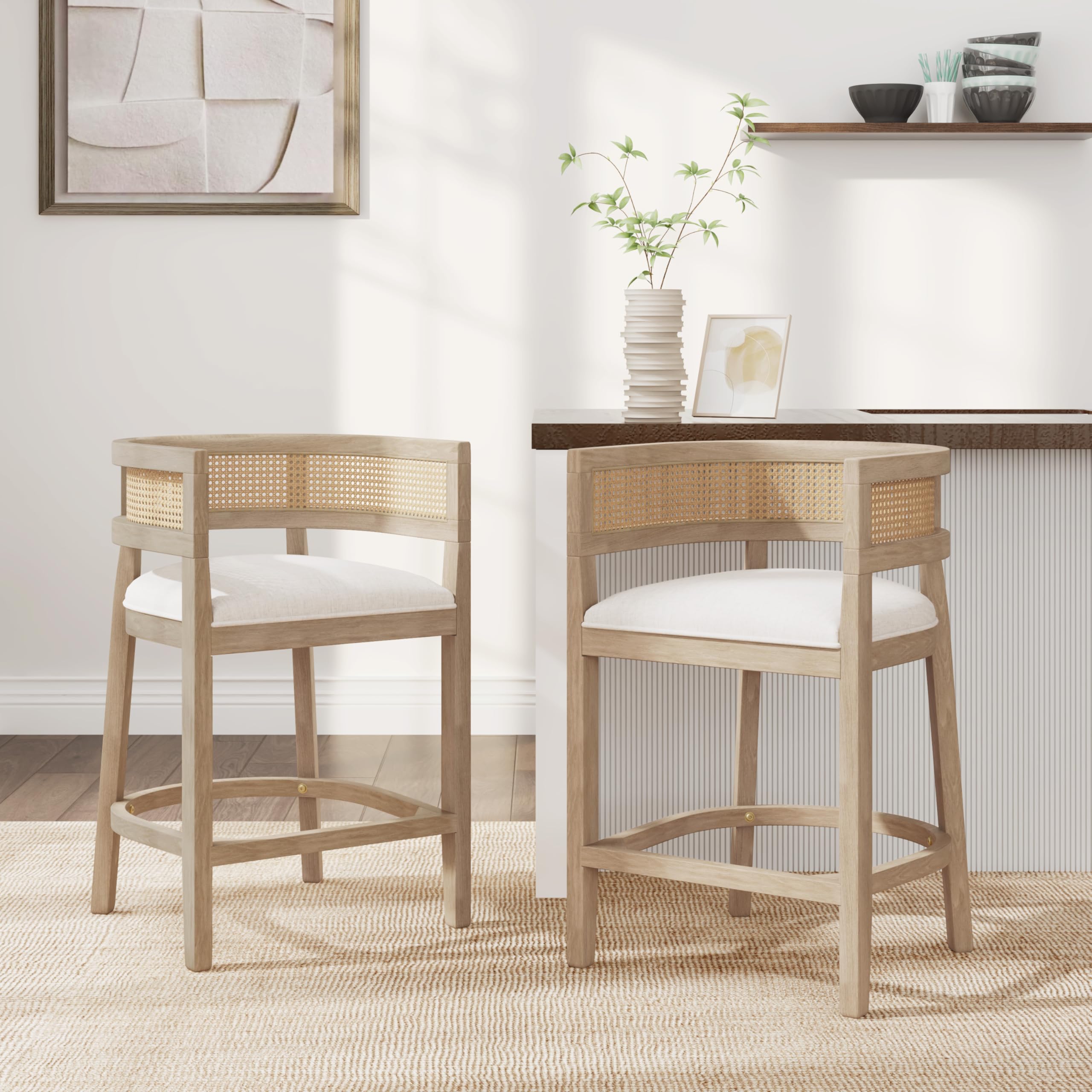 Set of 2 Upholstered Arm Counter Stools with Solid Rubberwood Frame & Natural Rattan Caned Back,Soft Padded Seating,Transitional Farmhouse Chairs for Kitchen Island Dining Room,25.5" H Natural Ash