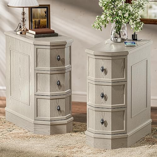 Miniatura 14 de Mesita de noche con estación de carga, mesa auxiliar de madera vintage con 3 cajones, mesa auxiliar estrecha Victoria, mesitas de noche delgadas