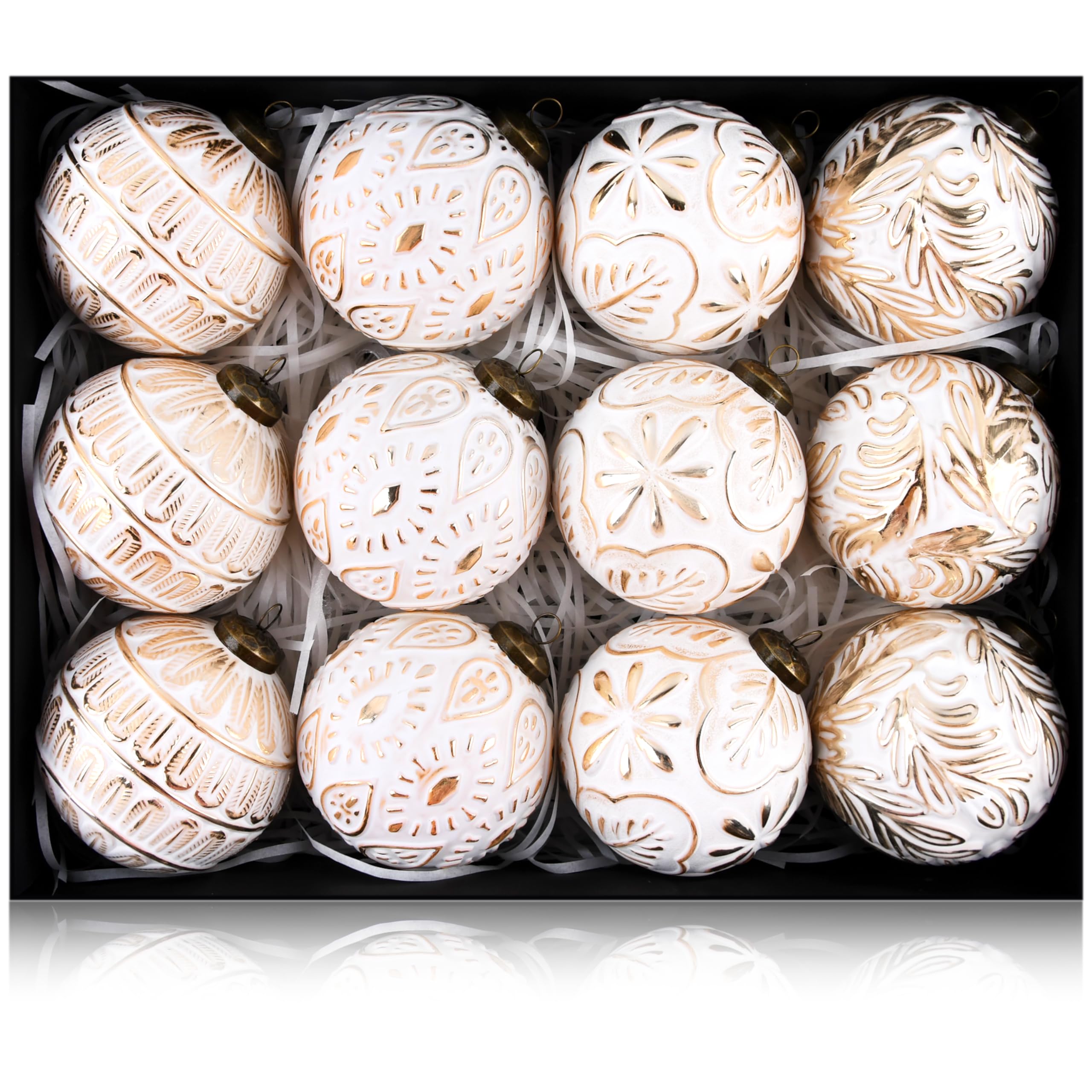 Vintage Christmas Ornaments for Tree Decorations - Rustic Christmas Ball Ornaments Gold White for Indoor Holiday Xmas Decor - 80mm 3.15inch, Pack of