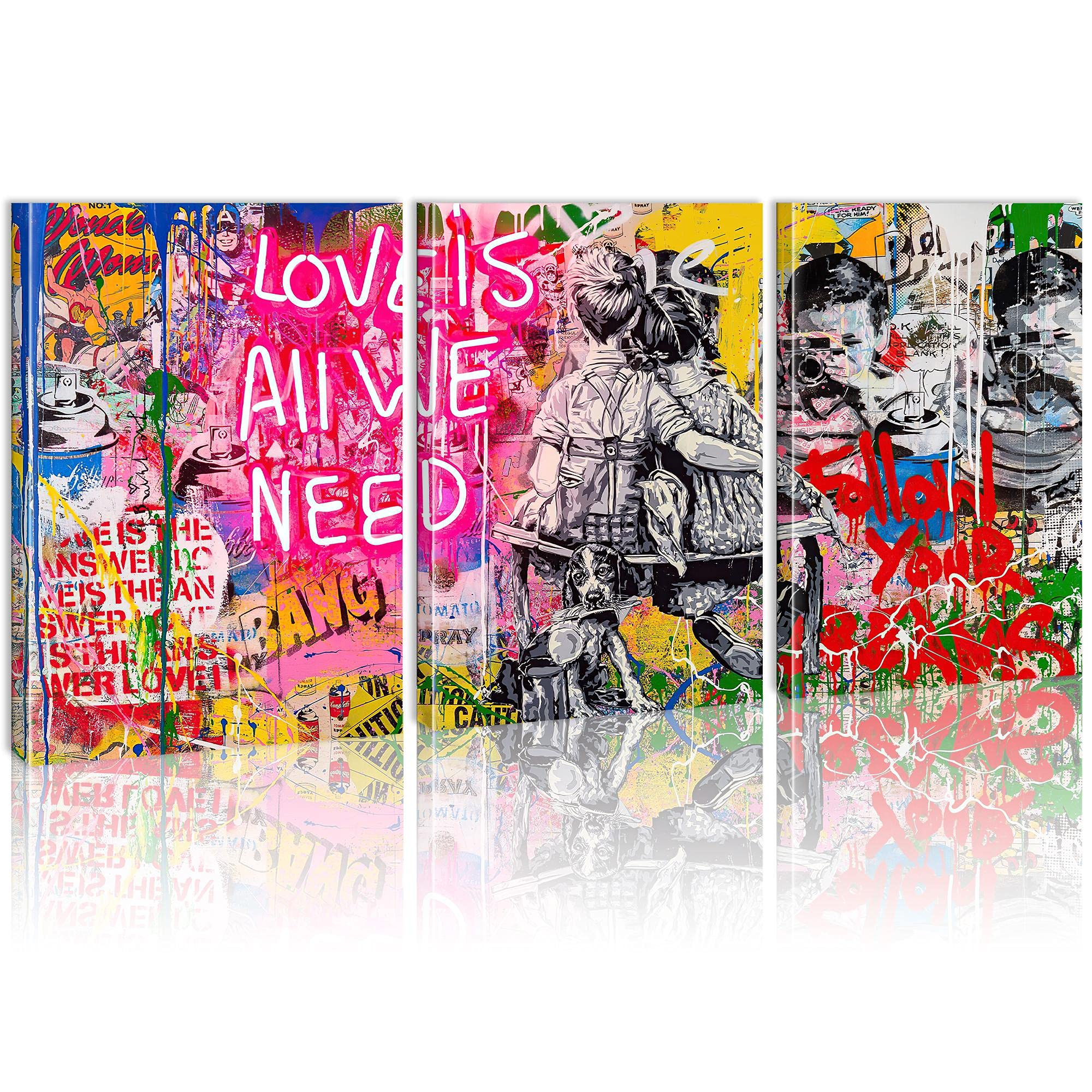Banksy Canvas Painting Graffiti Artwork Love is All We Need Poster Abstract Wall Pictures For Nordic Room Home Decor 45x65cm (18x26in) x3 with frame