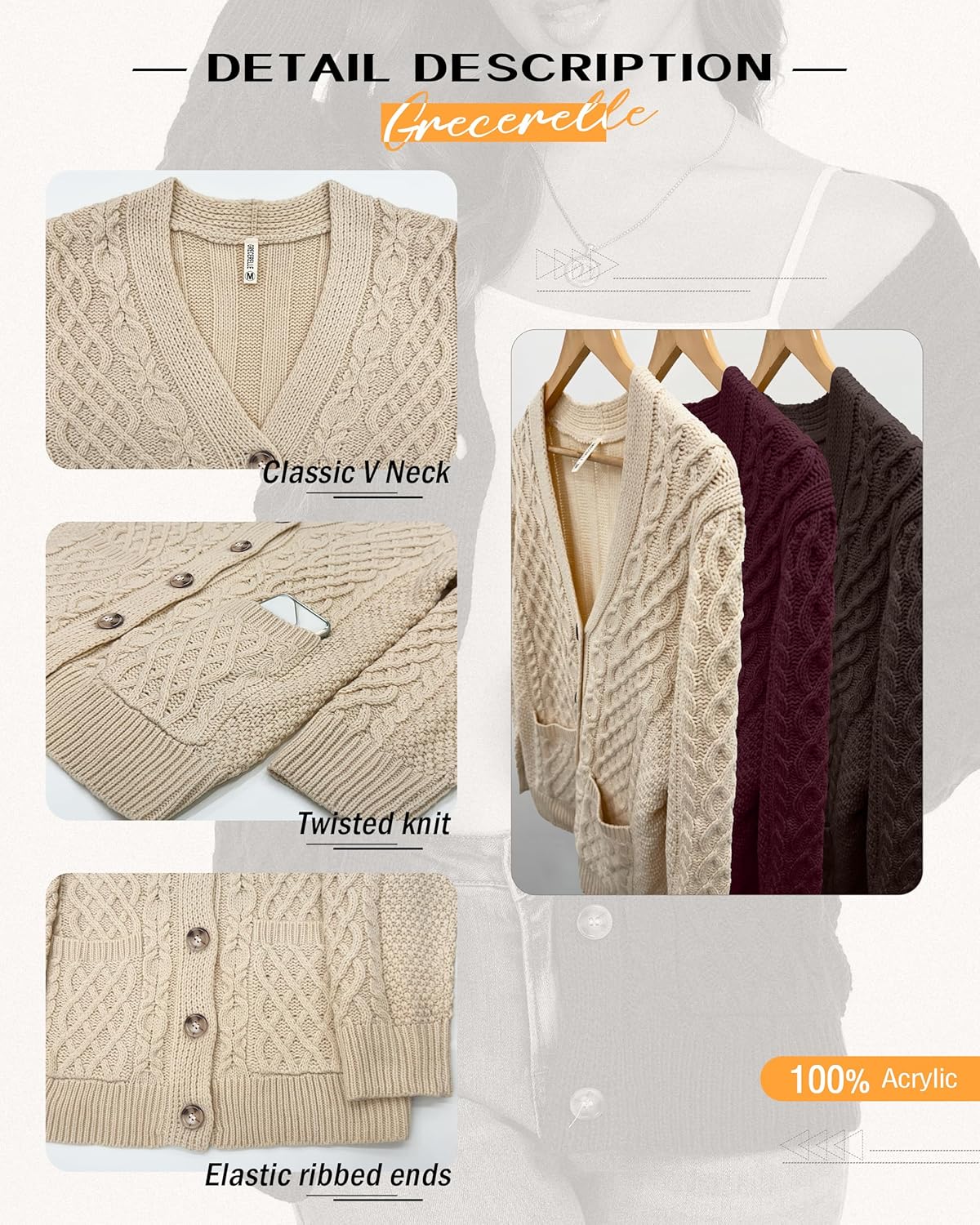 GRECERELLE Women 2025 Fall Long Sleeve Cable Knit Sweater Button Open Front Cardigan Loose Outerwear Coat with Pockets - Image 4