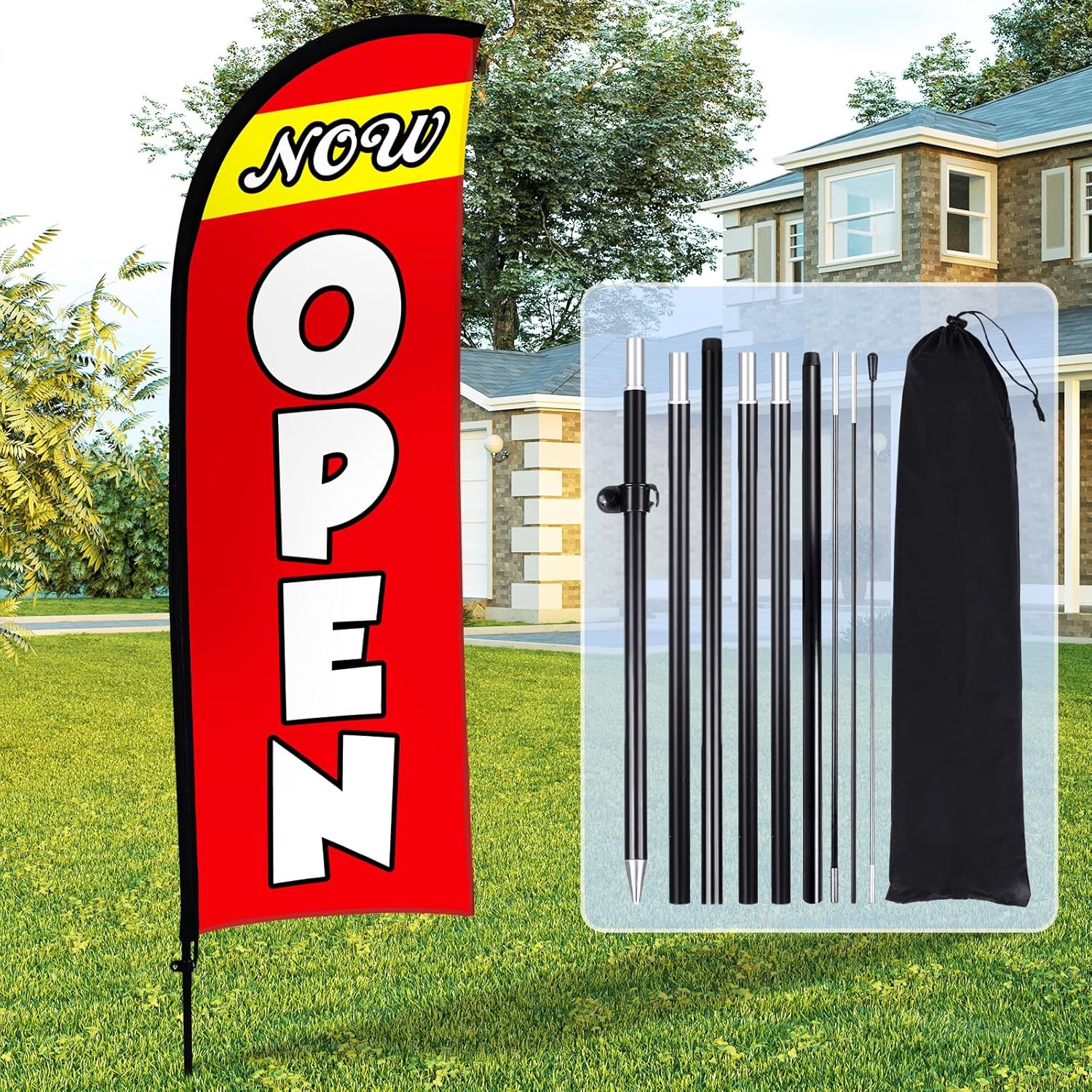Buryeah 11ft Now Open Flag Banner for Business Advertising Feather Flag Sign with Flagpole Ground Stake Portable Bag Opening Signs Banner Set for Outside Business(Red)