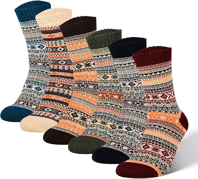 Bestomrogh 6 Pairs Women Socks Winter Wool Socks, Breathable Vintage Thermal Knitting Ladies Socks Thick Socks for Winter Christmas Gifts for Women