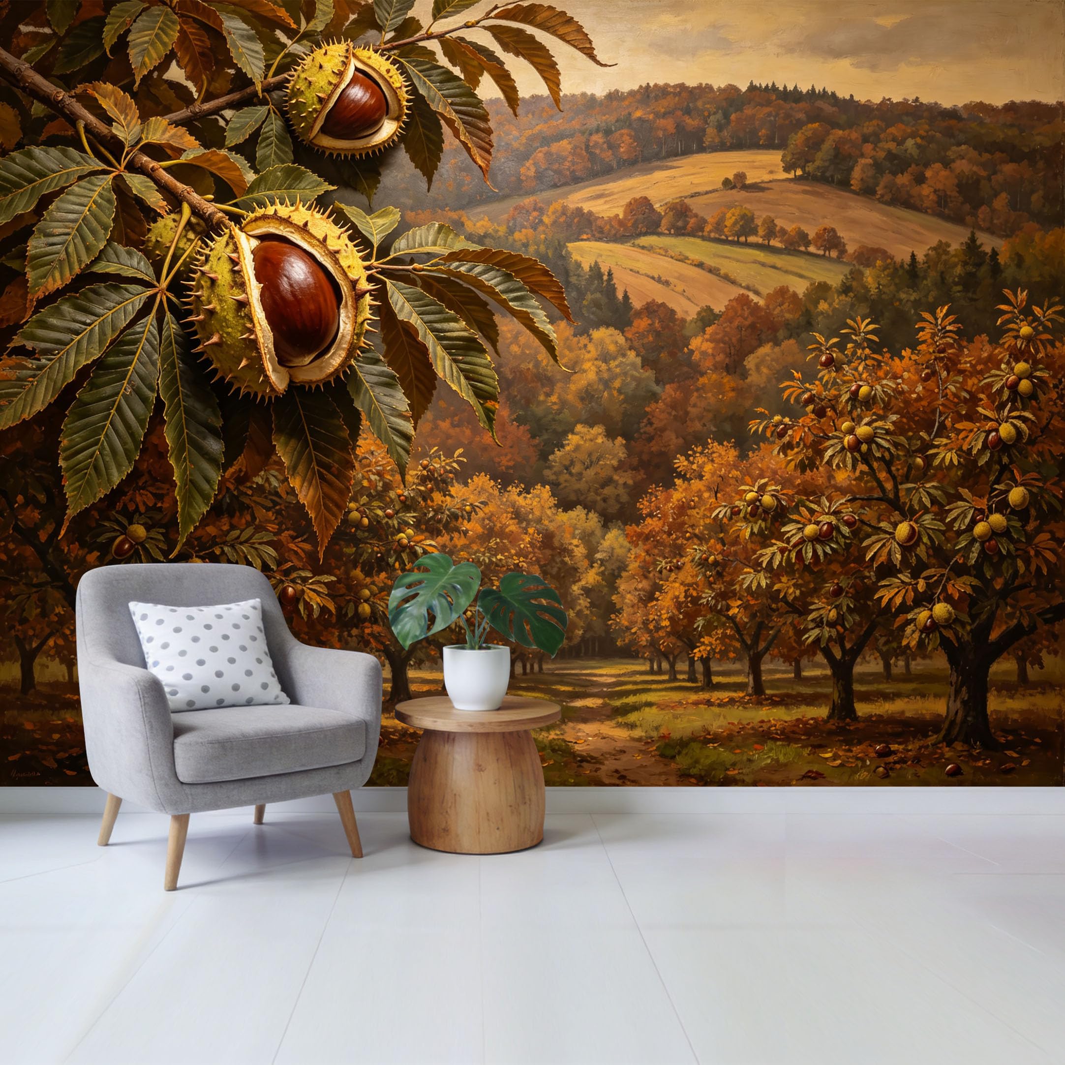 Qzlithotic Yq2605250599 Custom Size Wall Mural Autumn Chestnut Orchard Landscape Oil Painting Style Selfadhesive Wall Fabric Removable Wallpaper For Home Office Decor