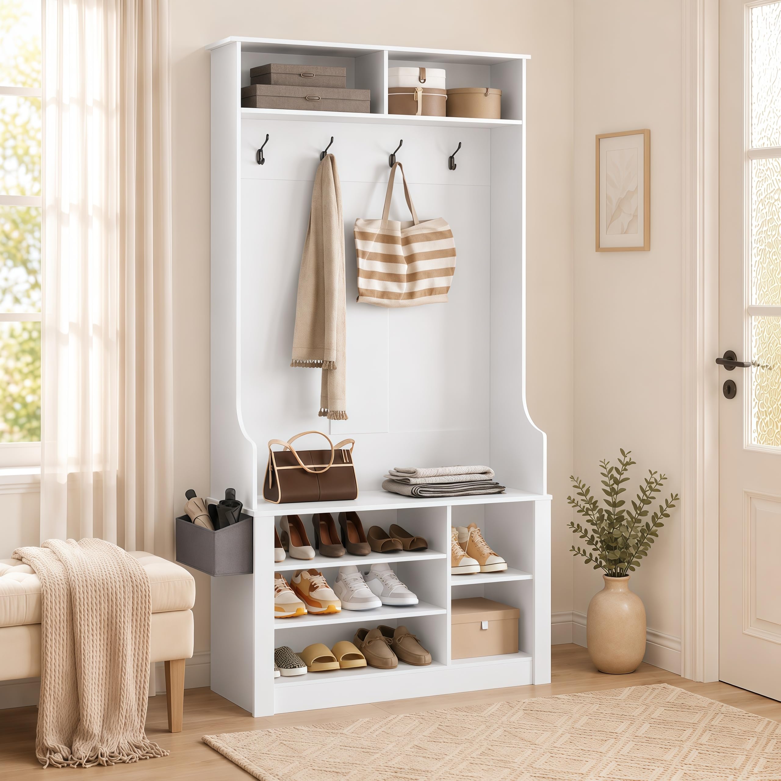 Xbro Garderobenständer mit Schuhbank, Flurgarderobe mit 4 Haken, 5 verstellbaren Schuhablagen & 2 Ablagen, Garderobenschrank mit Sitzbank, freistehende Garderobe Flur, 90x30x183 cm, Weiß