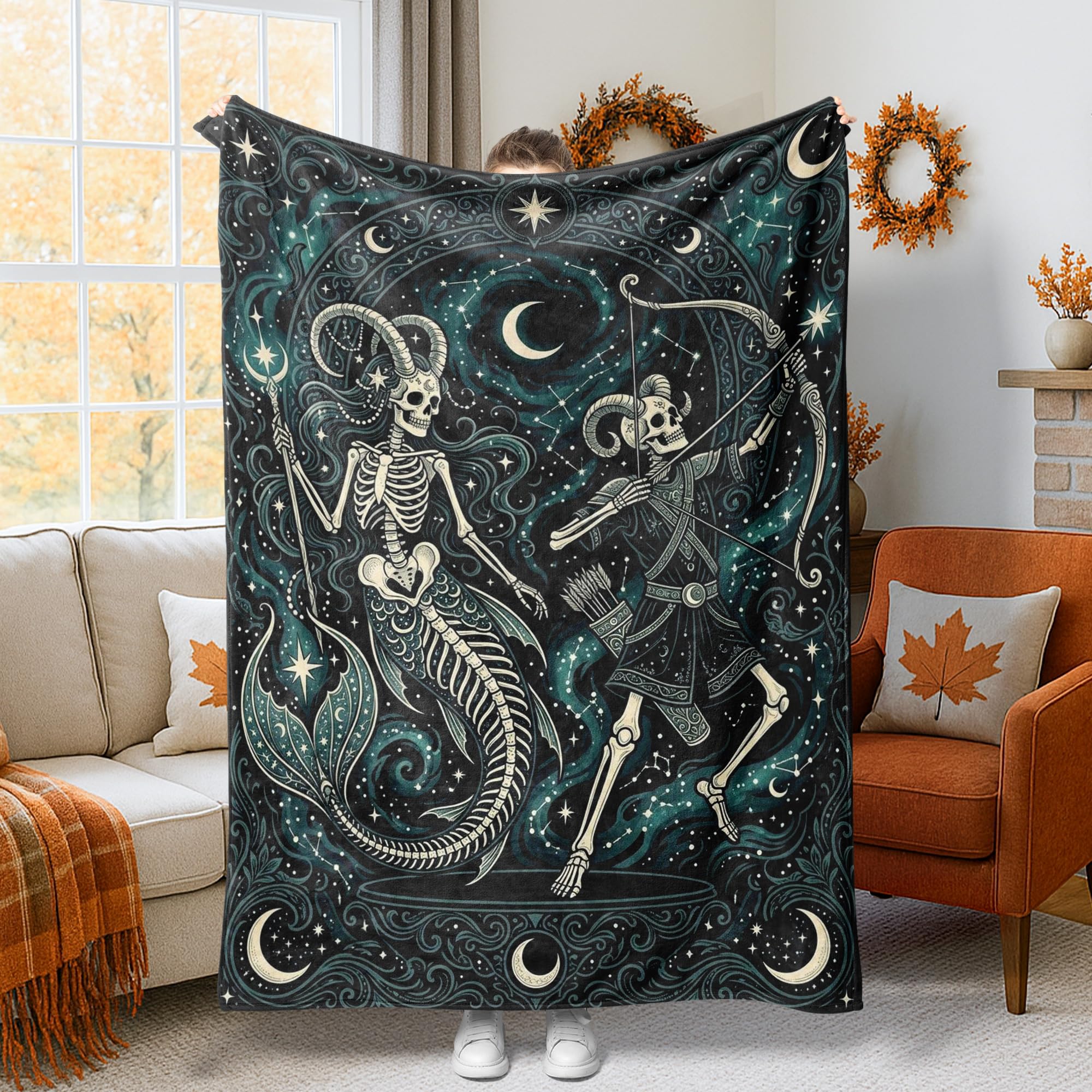 Couverture polaire douce halloween motif lune drap de lit noir gothique