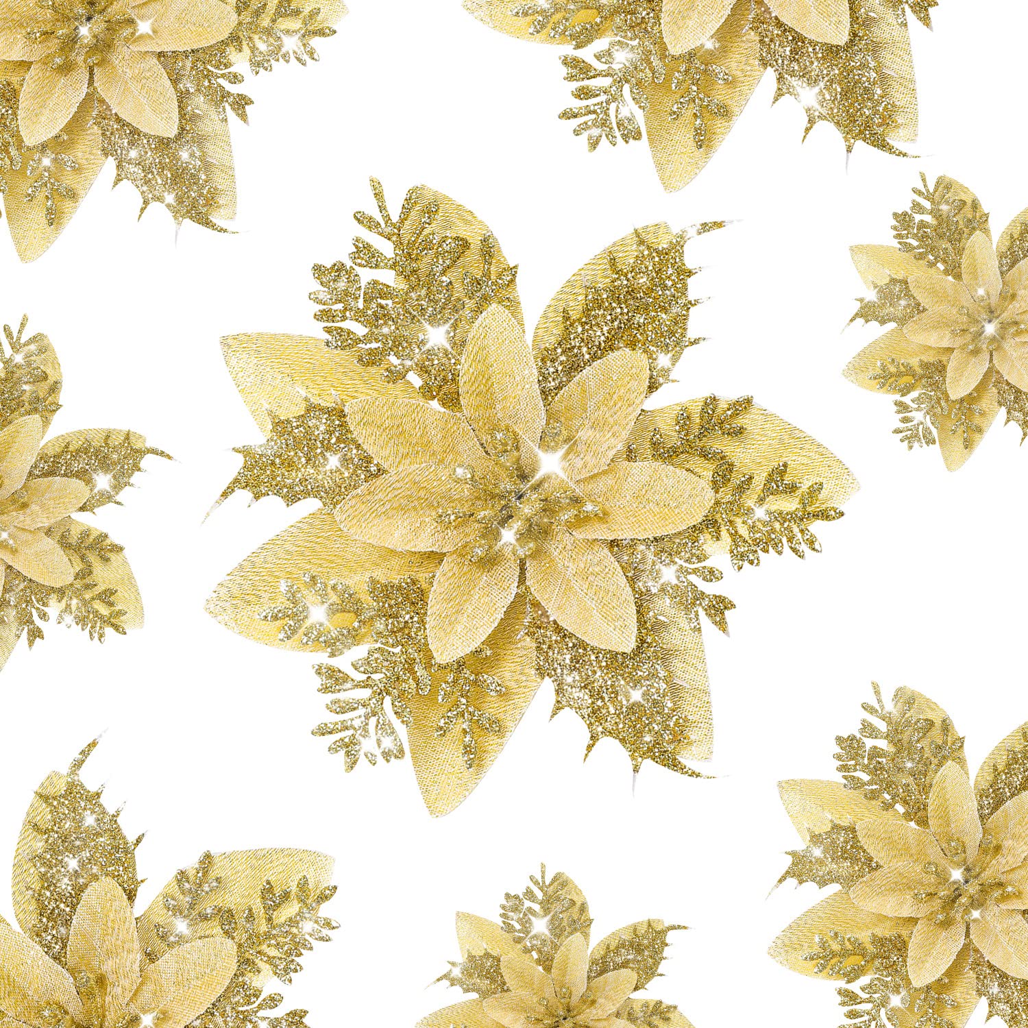 Kisflower24PCS Poinsettia Artificial Flowers Gold Christmas Flower Decorations with Clips and Stems, Glitter Christmas Tree Ornaments for Xmas New Year Wedding Party (Gold)