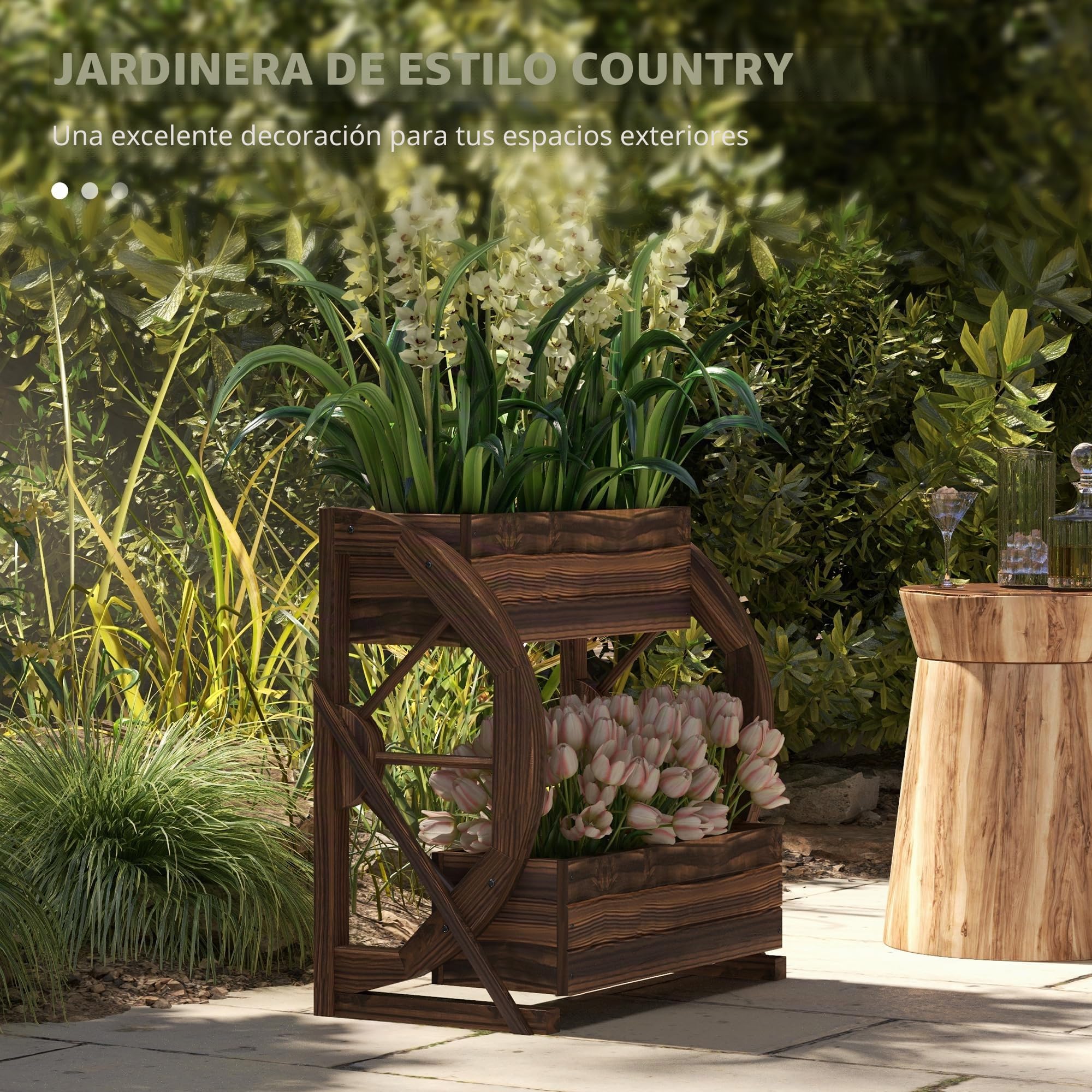 Outsunny Jardinera de Madera para Exterior de 2 Niveles, Huerto Elevado con 2 Macetas y Ruedas de Carreta Estilo Campestre, 55x32x56cm