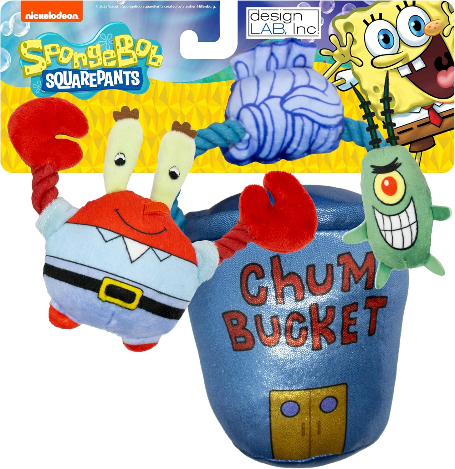 design LAB, Inc. Spongebob Squarepants Official Merchandise | Plush Dog Toys with Tug Rope & Squeakers | Nesting Toy Set of 3 | Plankton, Mr. Krabs & Iconic Chum Bucket Mr. Krabs, Plankton, & Chum Bucket