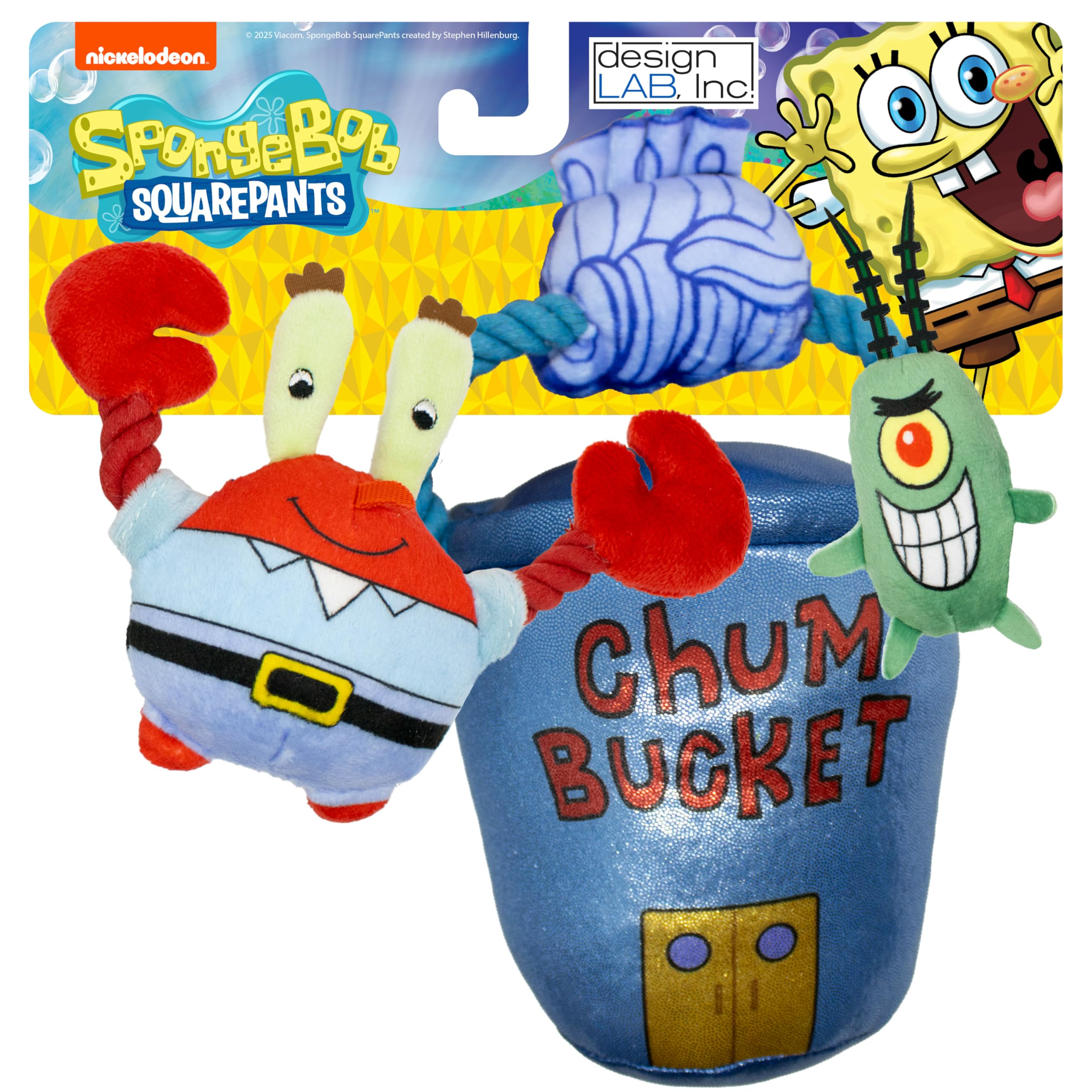 design LAB, Inc. Spongebob Squarepants Official Merchandise | Plush Dog Toys with Tug Rope & Squeakers | Nesting Toy Set of 3 | Plankton, Mr. Krabs &