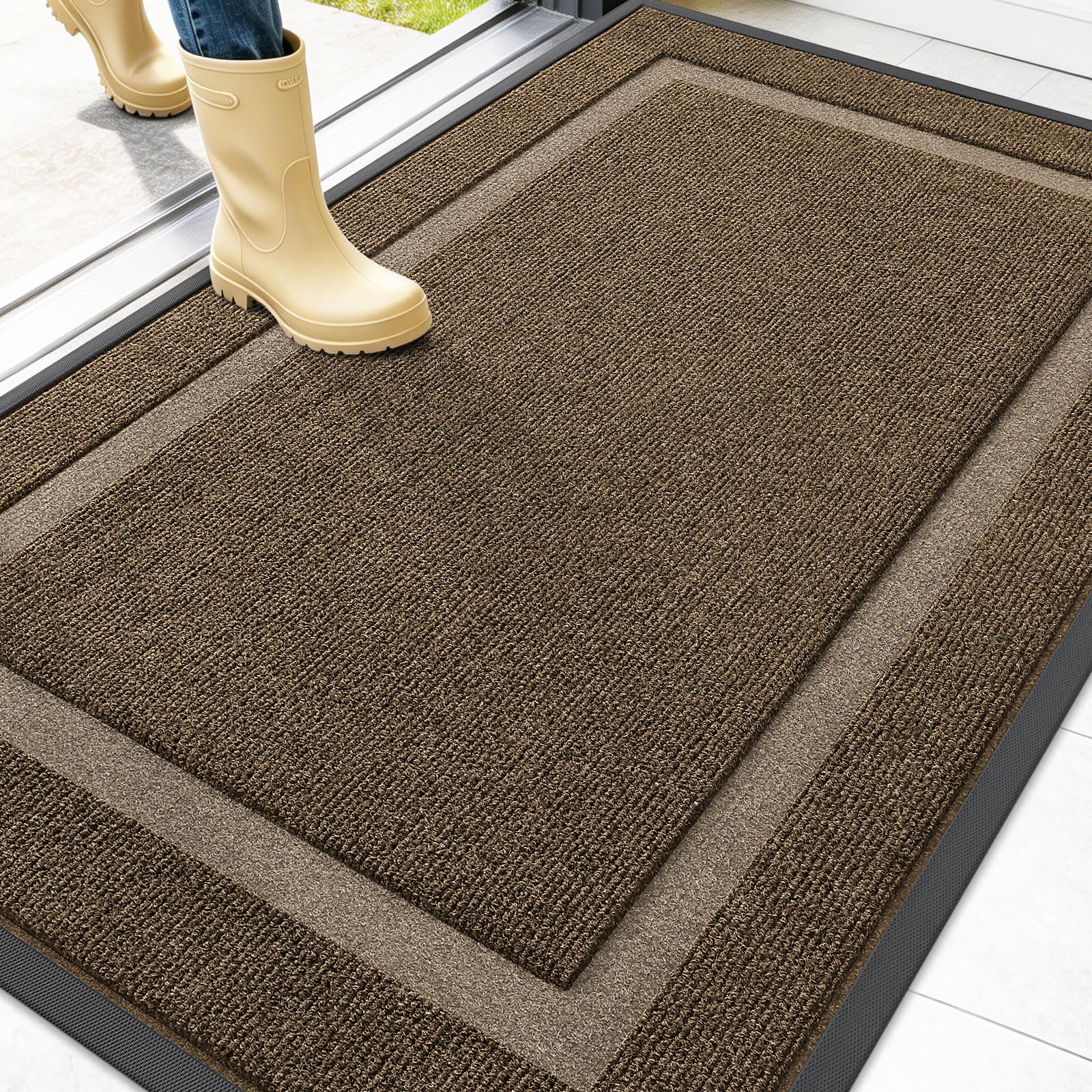 OLANLY Front Door Mat Outside 47x30, All-Season Heavy-Duty Rubber Doormat | Brown, Absorbent, Stain and Fade Resistant, Waterproof Non-Slip Backing, Low-Profile Indoor Outdoor Floor Mat for Entryway