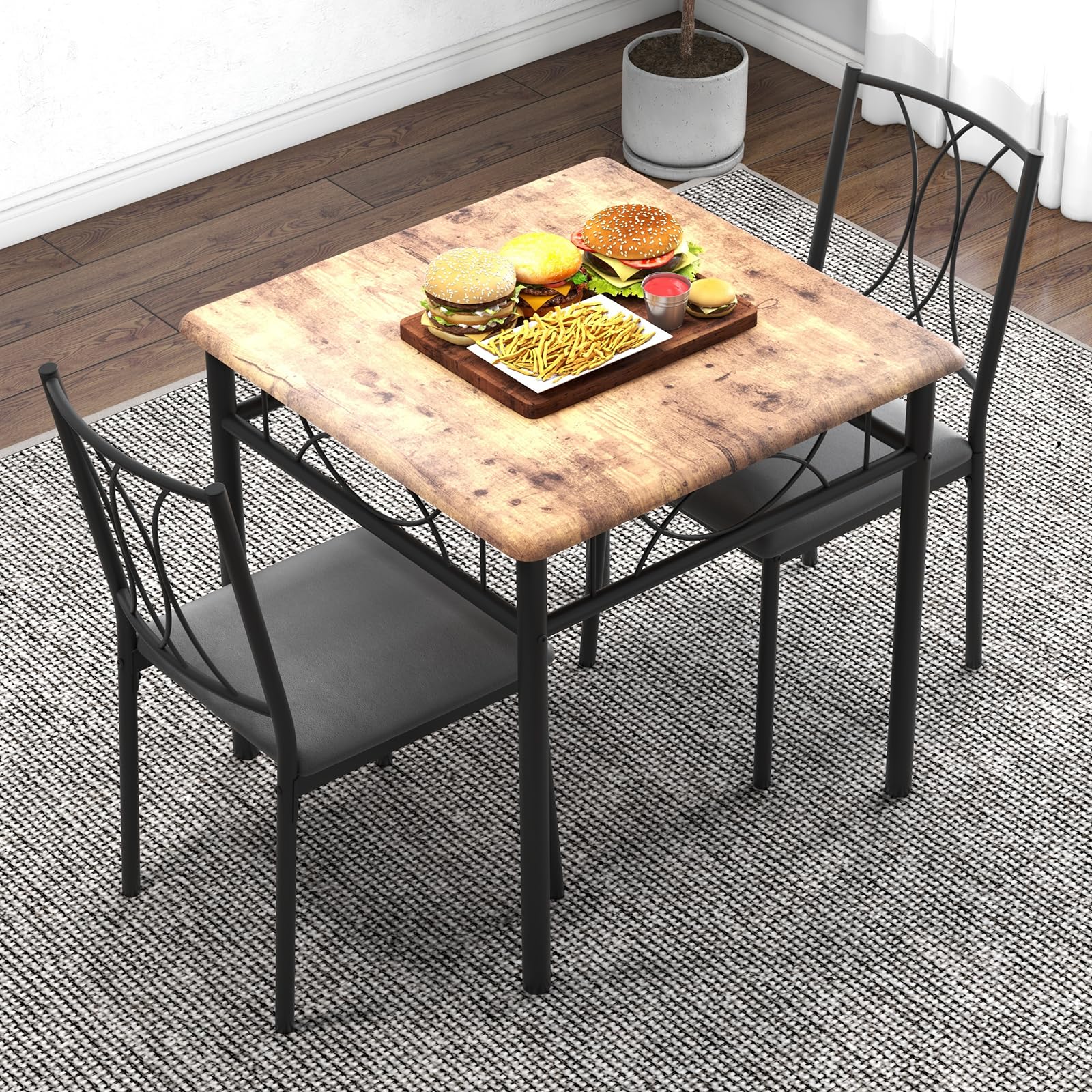 Ensemble De Salle à Manger Gain De Place 3 Pièces - Table Carrée Design Double Bois & Métal + 2 Chaises Rembourrées - Style Rustique Brun
