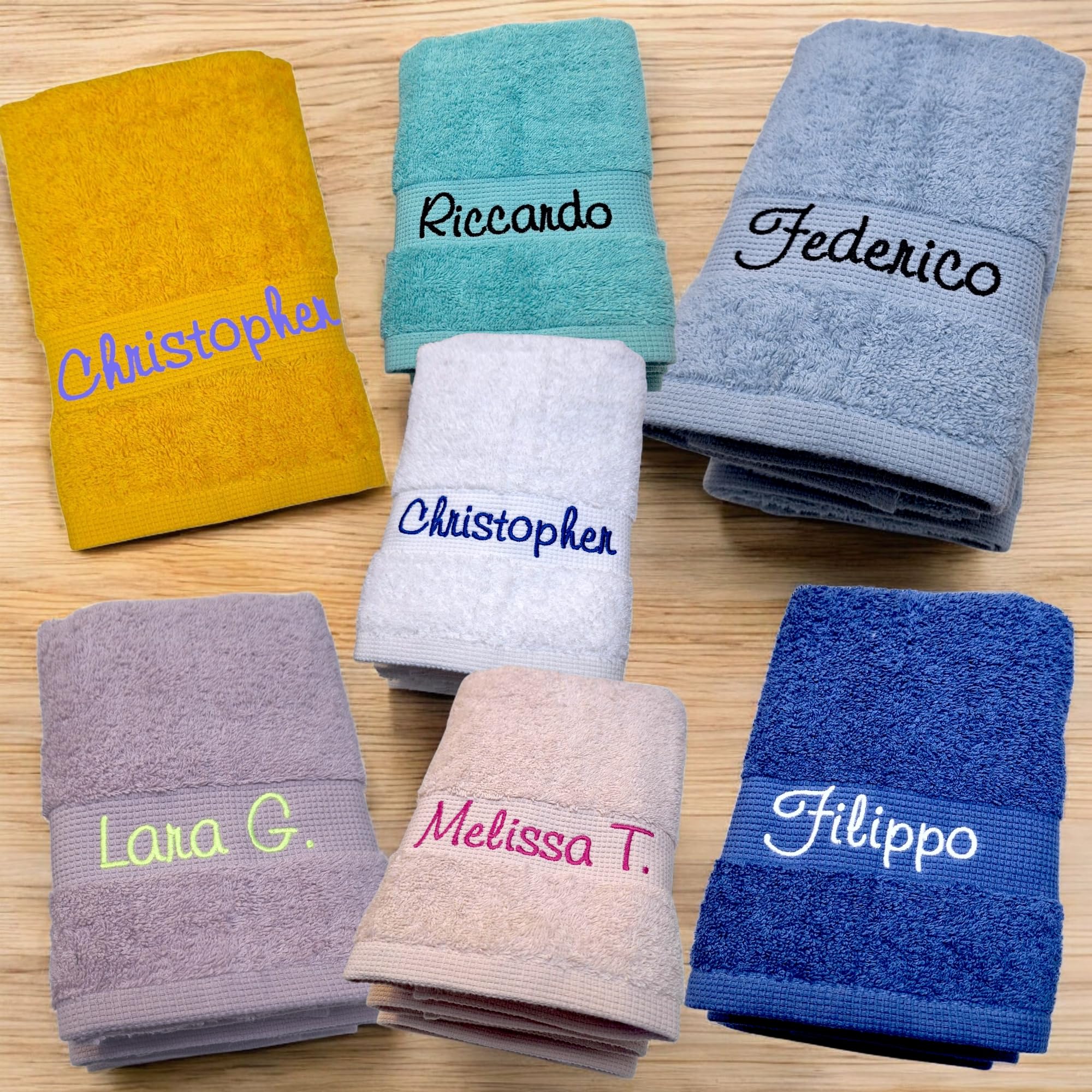 Set asciugamani per asilo. 5 asciugamani per asilo con asola e nome ricamato. Asciugamani personalizzati per bambini (Celeste, Nome)