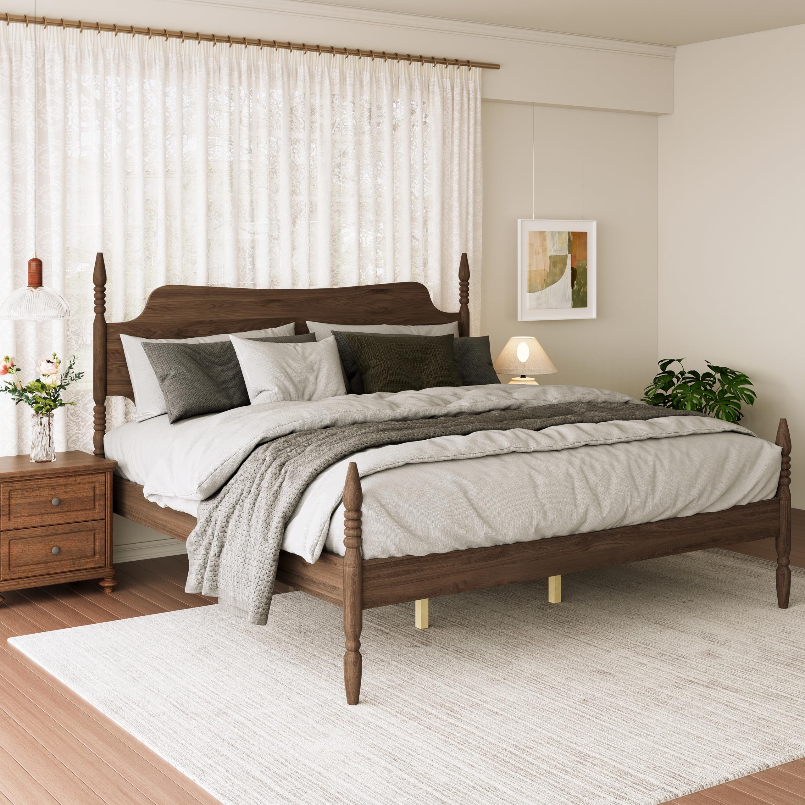 View 1 of *** no headboard *** KEIKI King Size Spindle Bed Frame - Walnut