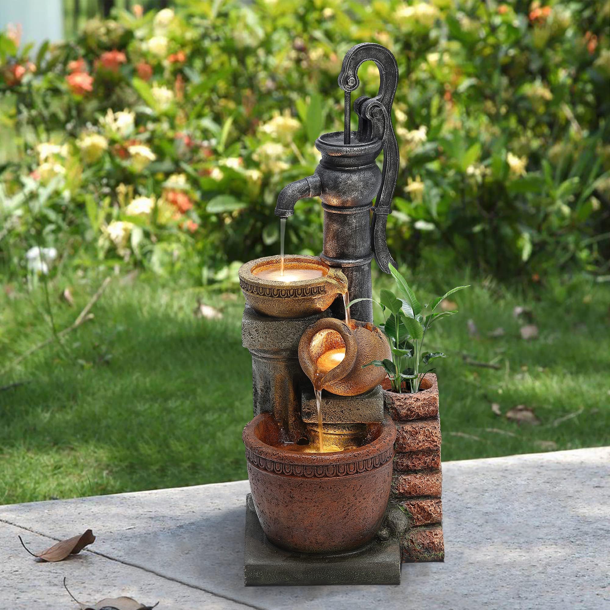 LuxenHome 32.3" H Farmhouse Well Water Pump and Pots Resin Fountain with LED Lights Multi Pots Outdoor Water Fountain, Outdoor Water Fountains Garden Statue